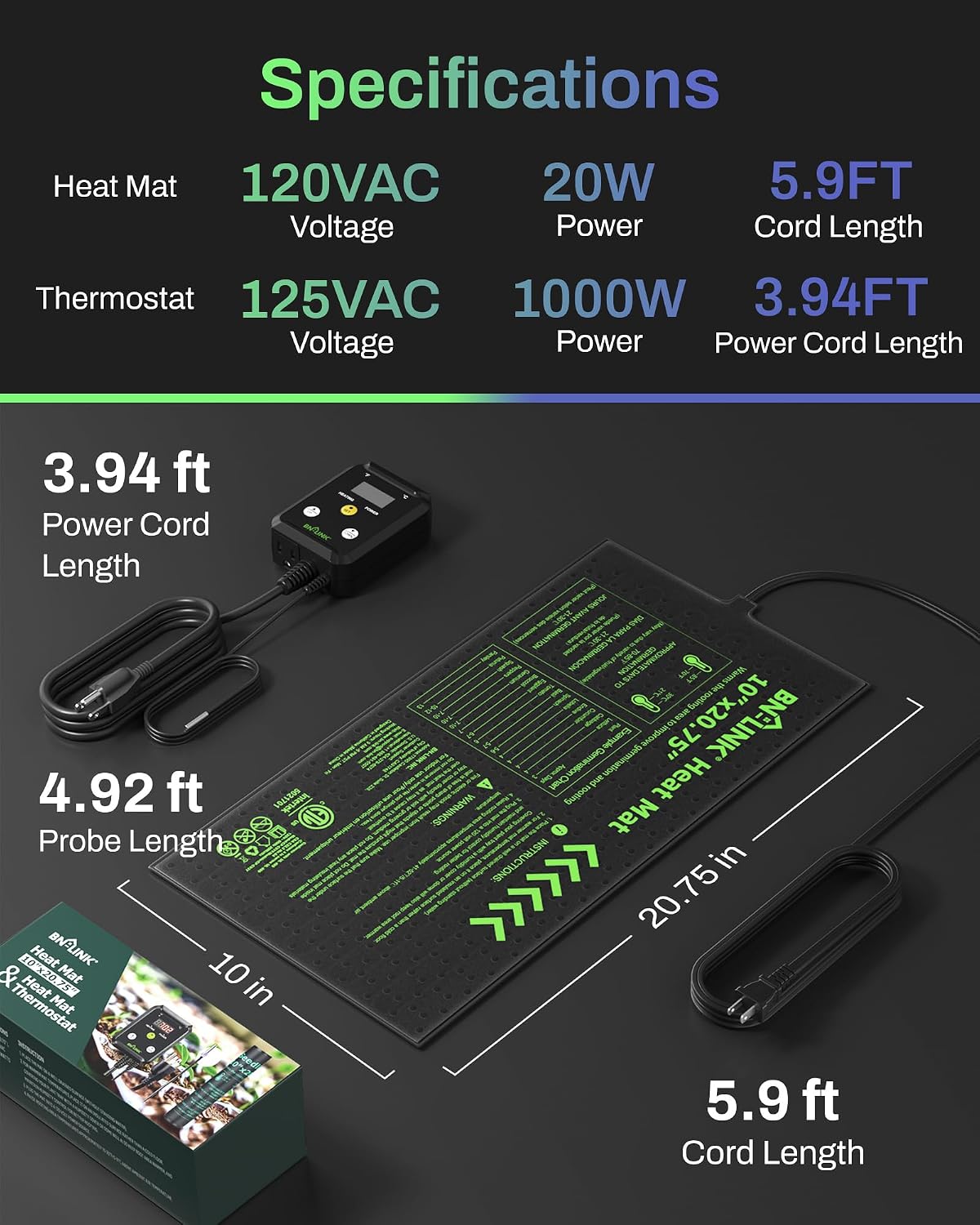 Detalle 2 de BN-LINK 10" x 20.75" Seedling Heat Mat with Thermostat and Temperature Control