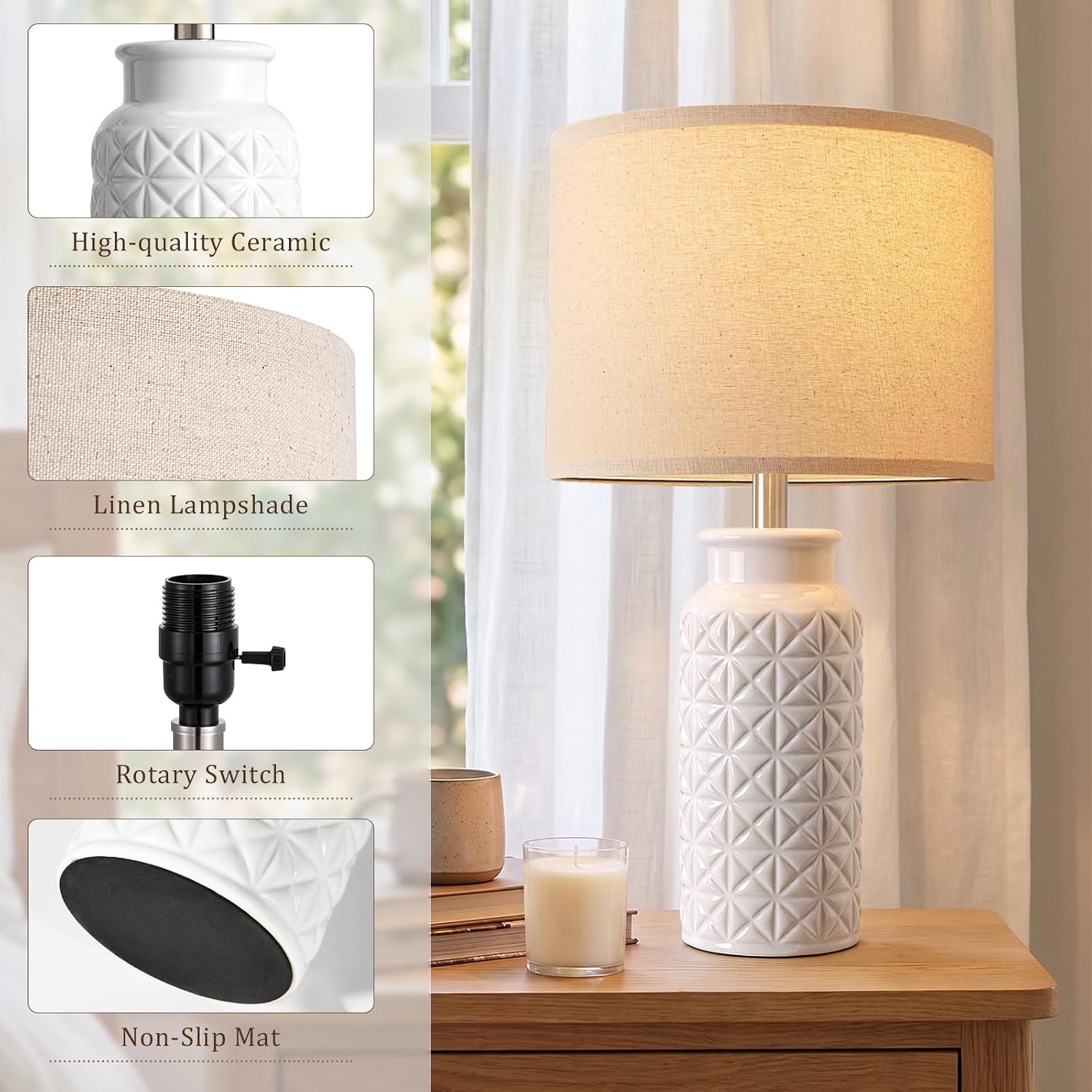 Detalle de Innqoo 22.6-Inch Ceramic Table Lamps, Set of 2, White Linen Shades