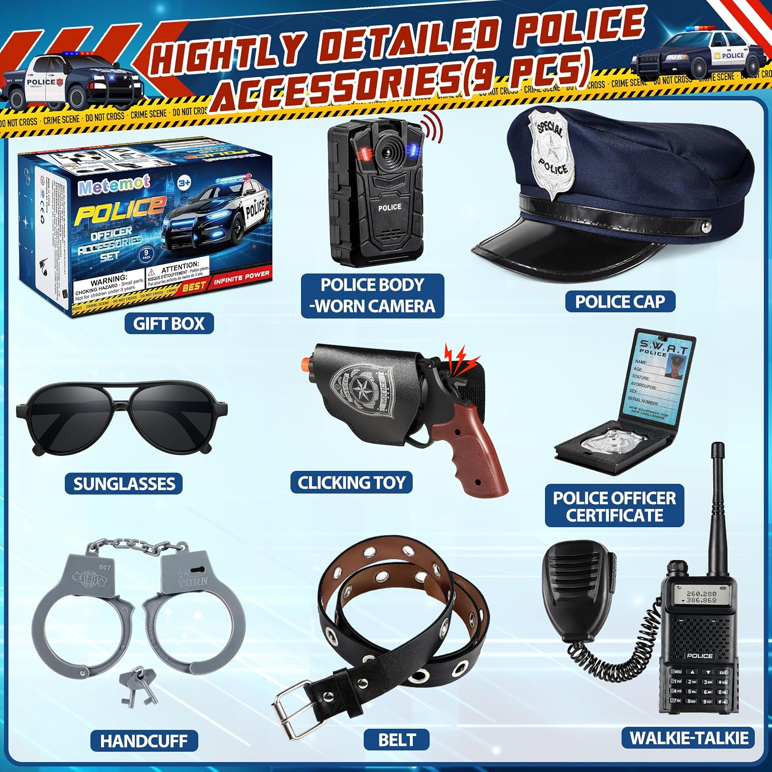 Detalle 2 de Metemot 9-Piece Police Costume Accessory Set for Kids, Light-and-Sound Camera