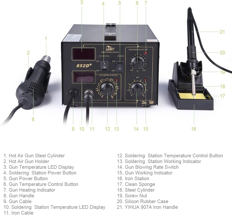 Detalle de Station de soudage à air chaud 2 en 1 SMD 852D+ avec accessoires professionnels
