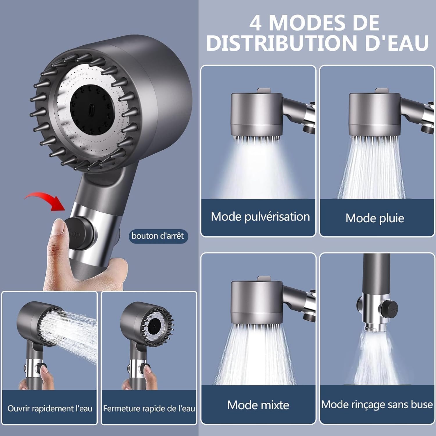 Thumbnail 5 de Pommeau de douche anti-calcaire Haute Pression avec filtre et 4 jets – Tuyau 1,5 m et support