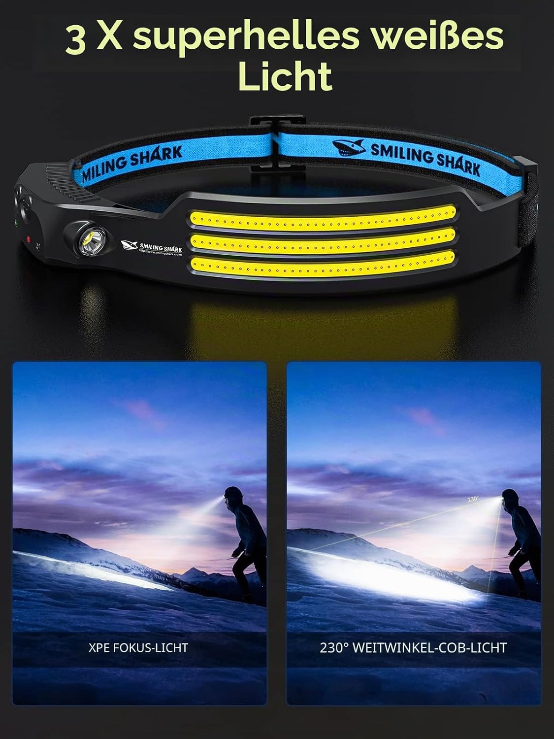 Detalle de Smiling Shark Stirnlampe 230° Weitwinkel – 3 LED, wiederaufladbar, wasserdicht