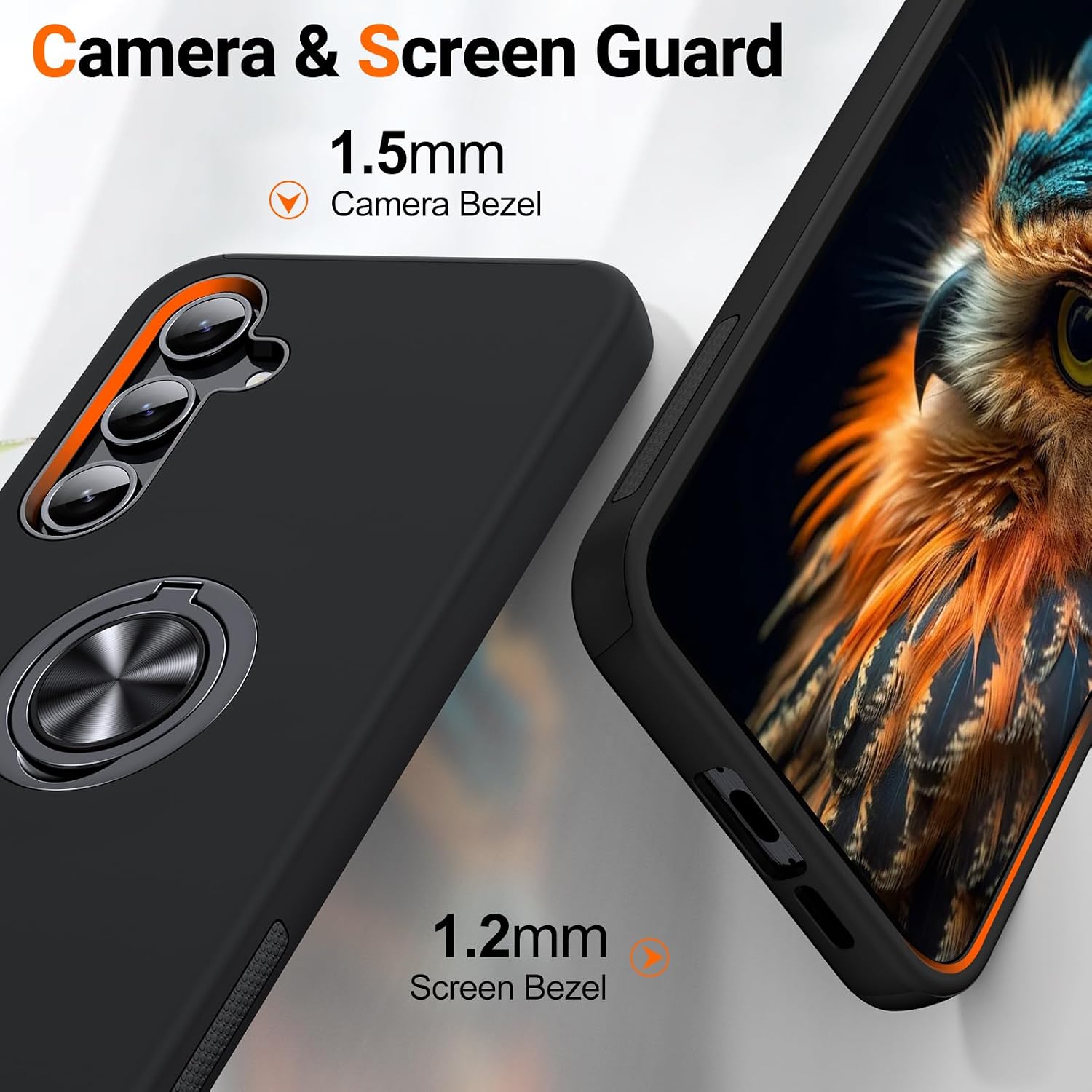 Detalle de AOUIA Samsung Galaxy A55 5G case with 2 screen protectors, 360° ring kickstand and military-style drop protection (Black)