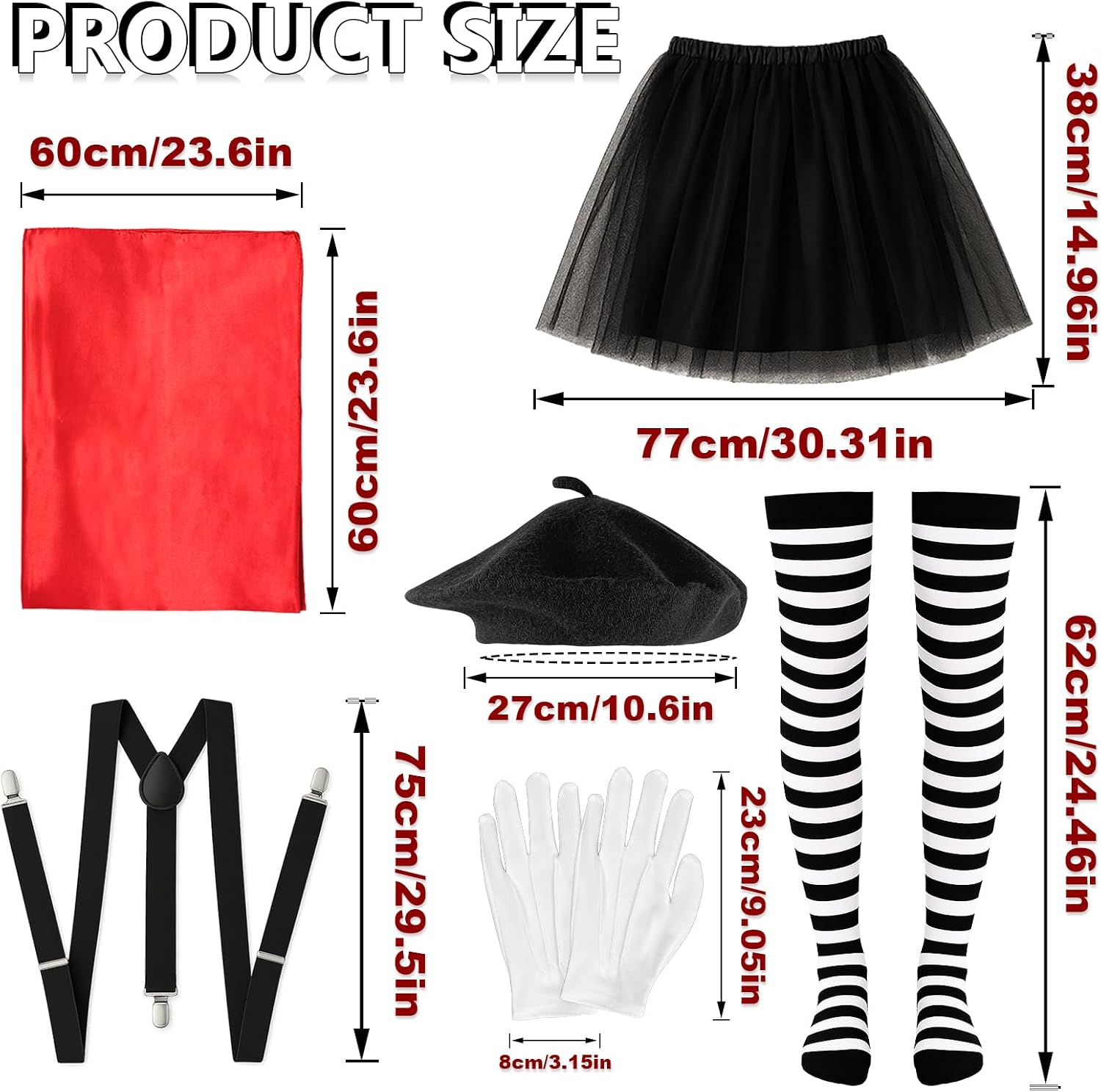 Detalle de French Mime Artist Women’s Costume, 7-Piece Set with Beret and Red Scarf