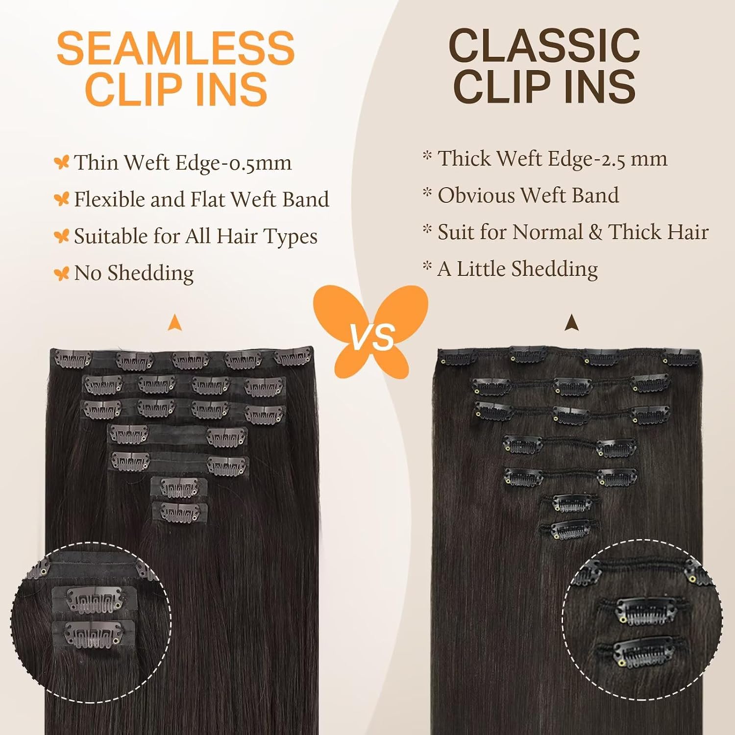 Detalle de DOORES Dark Brown Clip-In Hair Extensions (110g, 7pcs, 22 Inch) — Seamless Remy Hair with Invisi Edge