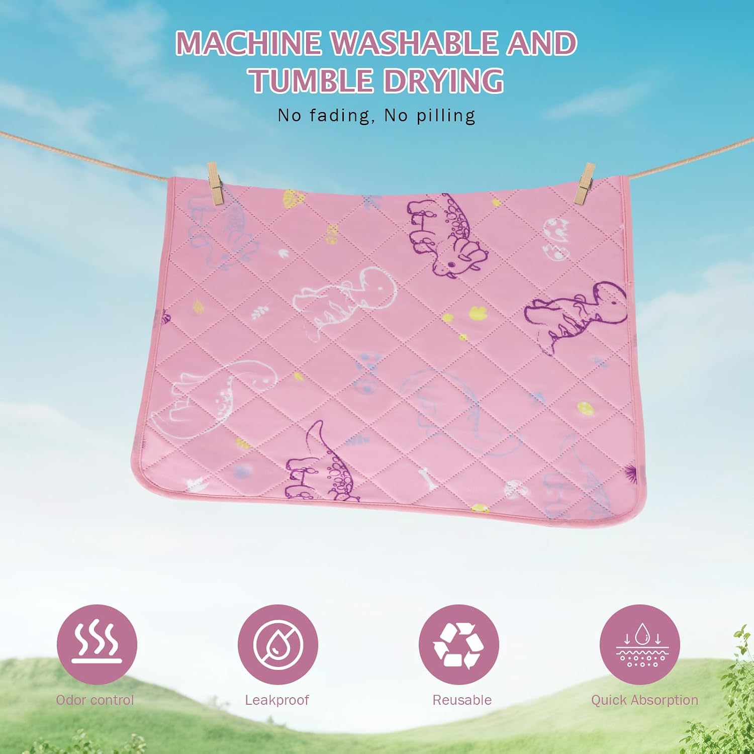Detalle de IEUUMLER Washable Pee Pads for Dogs, 2 Pack – 60x60 cm, Pink Dinosaur (FC013)