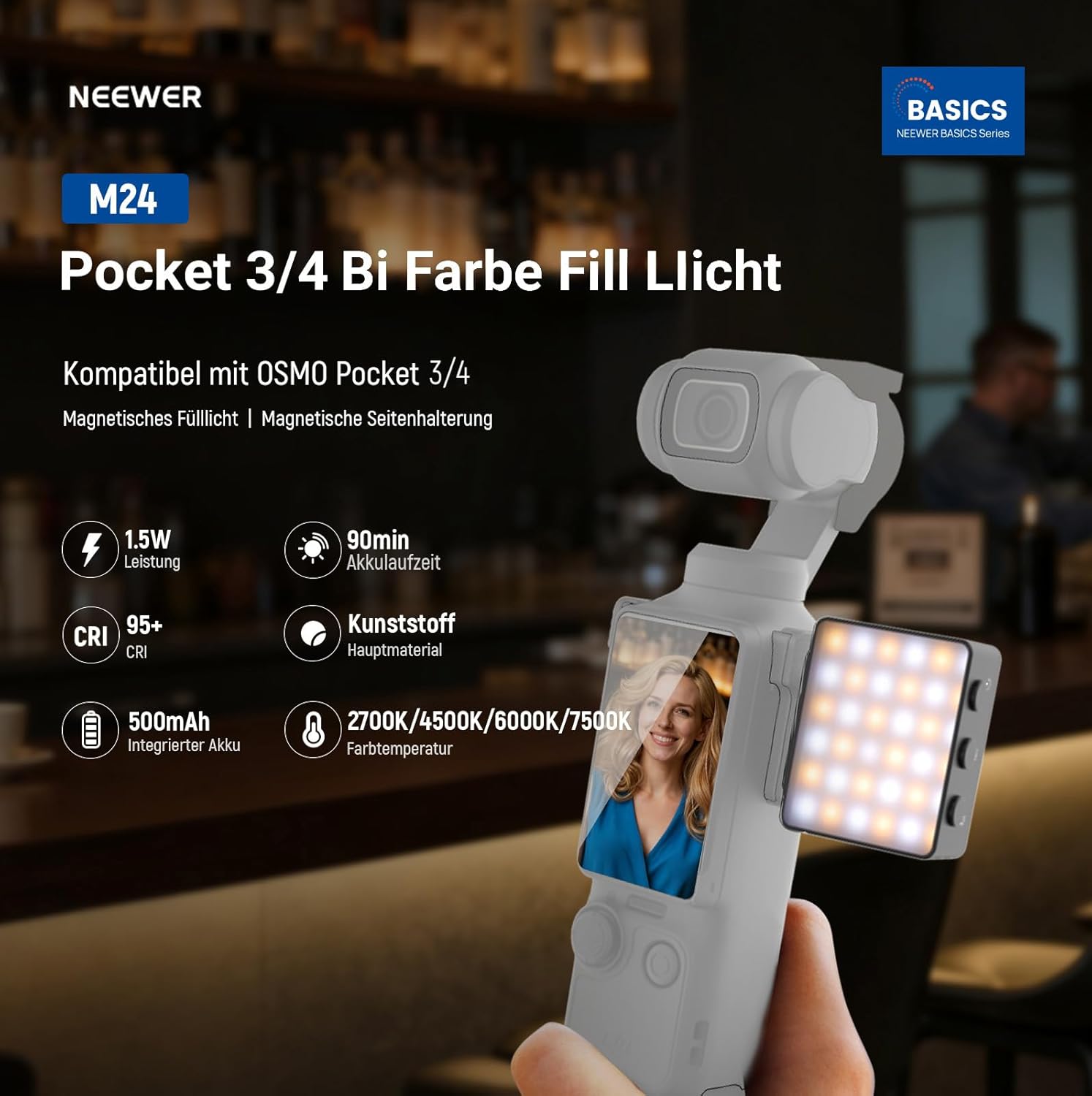 Thumbnail 1 de NEEWER Basics M24 Mini-LED Fülllicht mit Magnethalterung für DJI Osmo Pocket 4 & 3