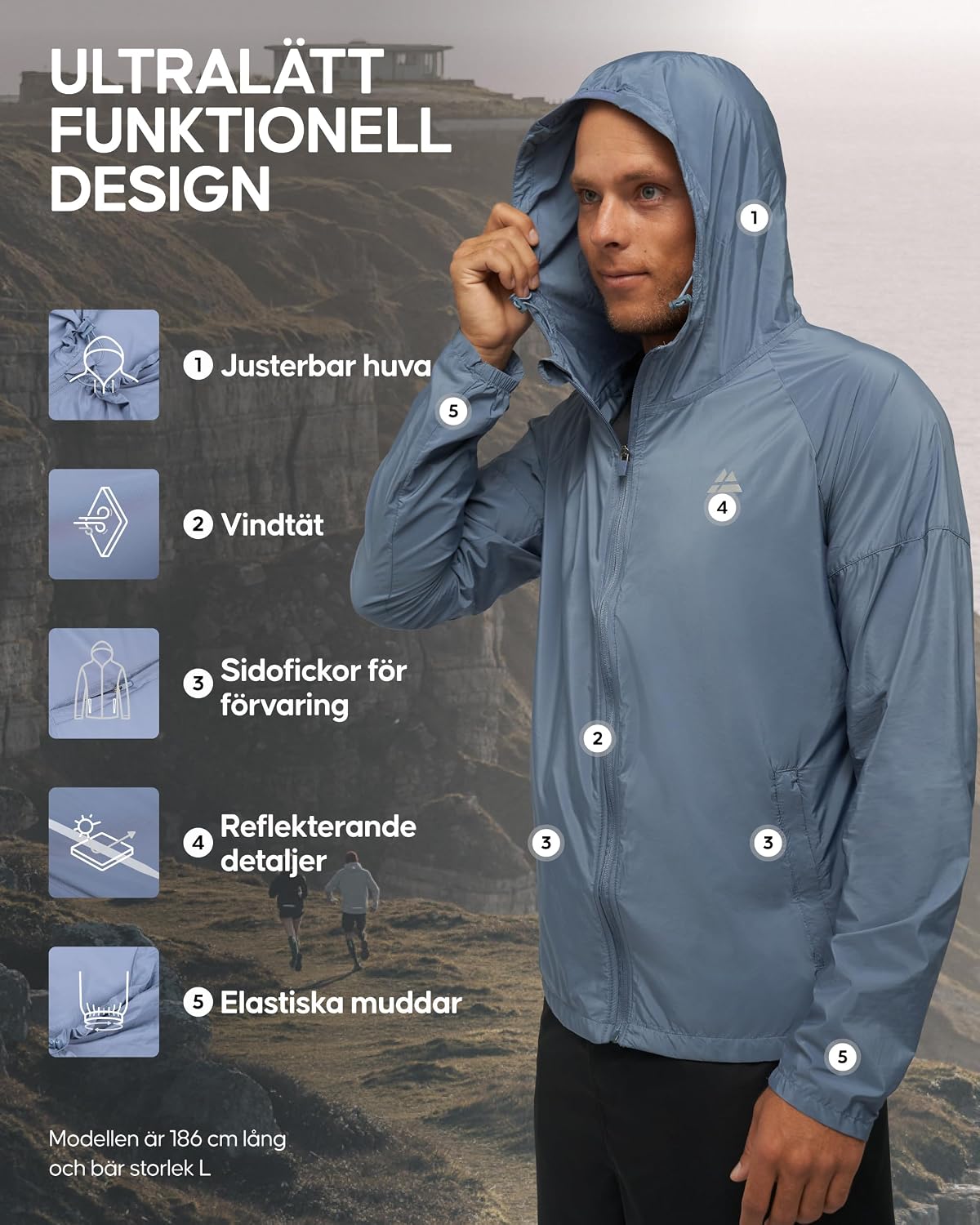 Thumbnail 1 de DANISH ENDURANCE packbar vindjacka för män med huva och reflexdetaljer