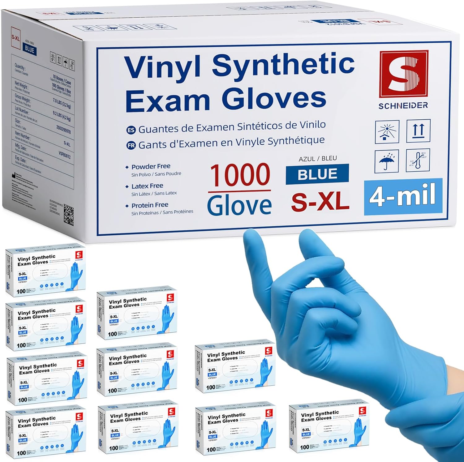 Detalle de Schneider Blue Vinyl Synthetic Exam Gloves, Case of 1000