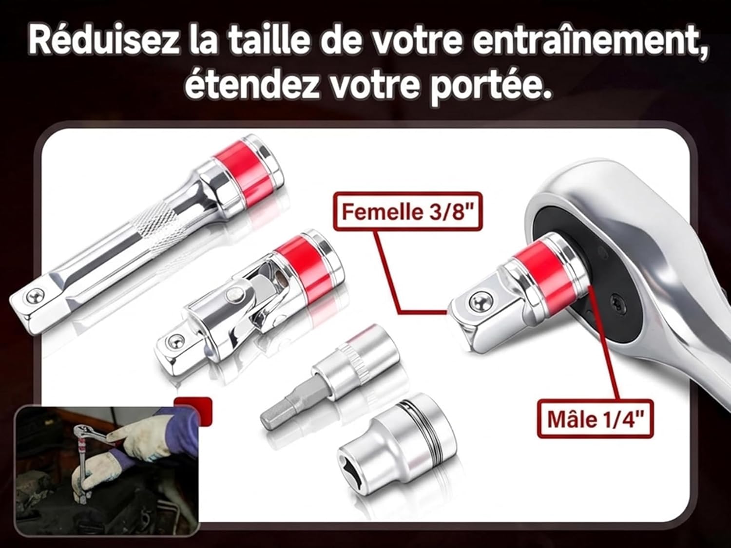Thumbnail 1 de BILITOOLS – Jeu de 7 rallonges 1/4" avec joint Cardan et adaptateurs (75/150/225/300 mm) en acier Cr-V