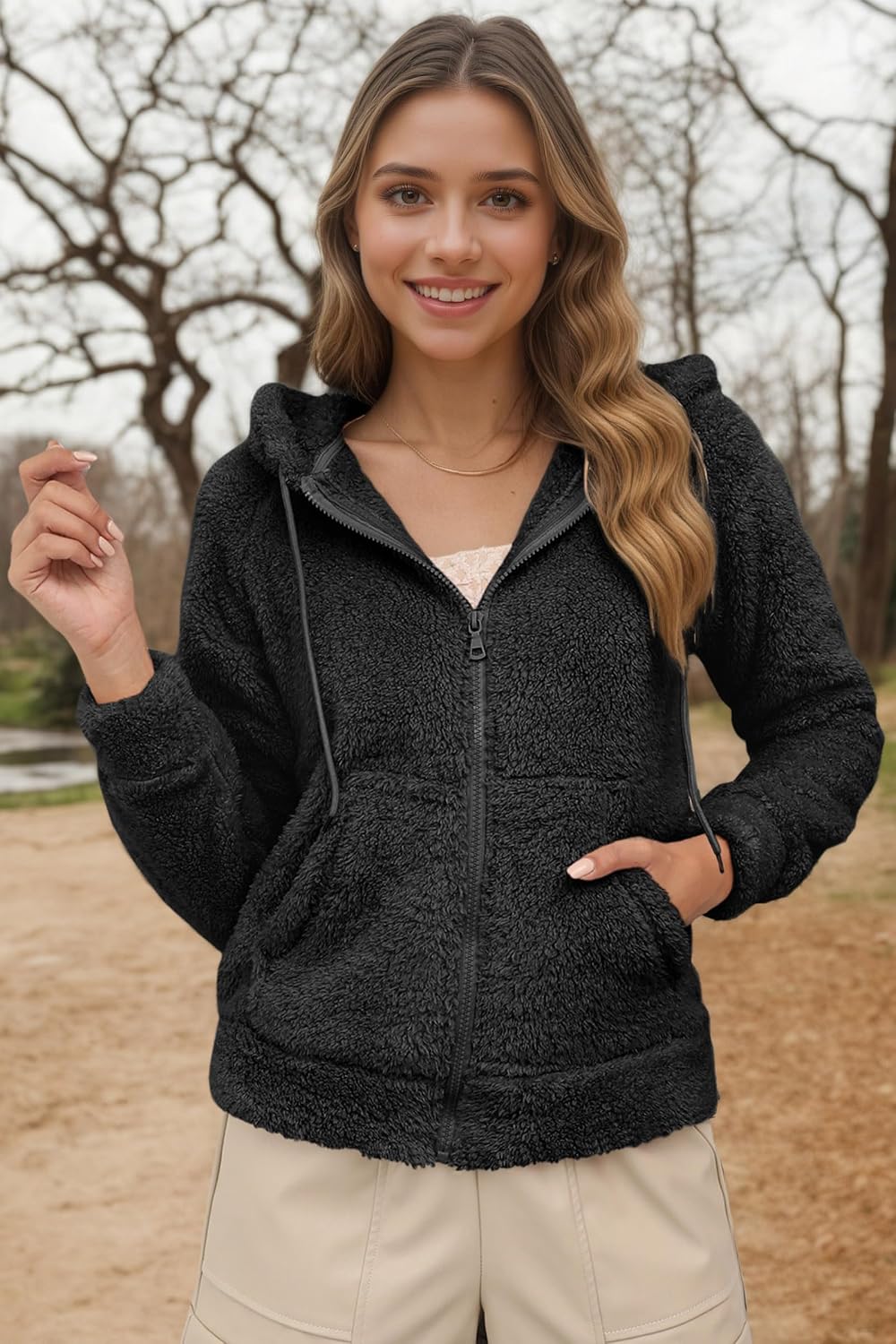 Thumbnail 1 de RISISSIDA Women’s Sherpa Faux Fur Hooded Jacket with Zip Front and Pockets