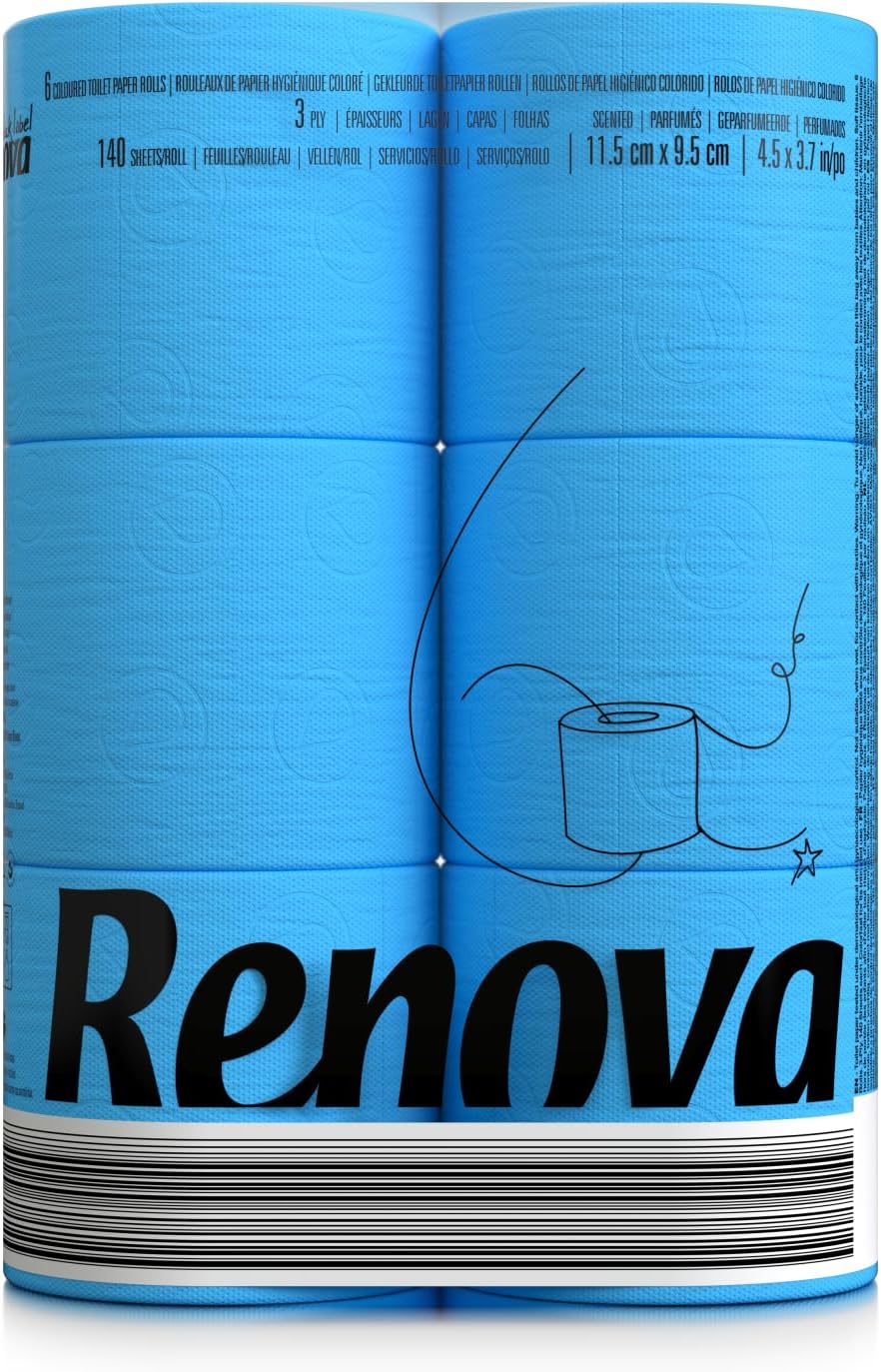 Detalle de Renova Black Label Bleu – Papier Hygiénique 3 plis coloré à double face, 6 rouleaux
