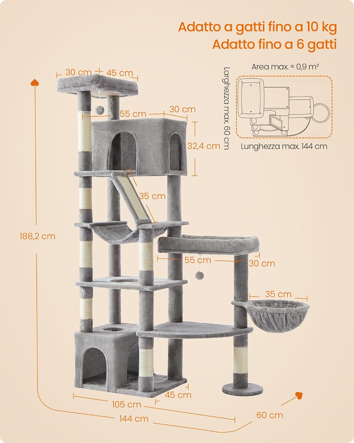 Detalle de Feandrea Grand Arbre à Chat multi-niveaux – Clawfy PCT016G101, Gris Clair