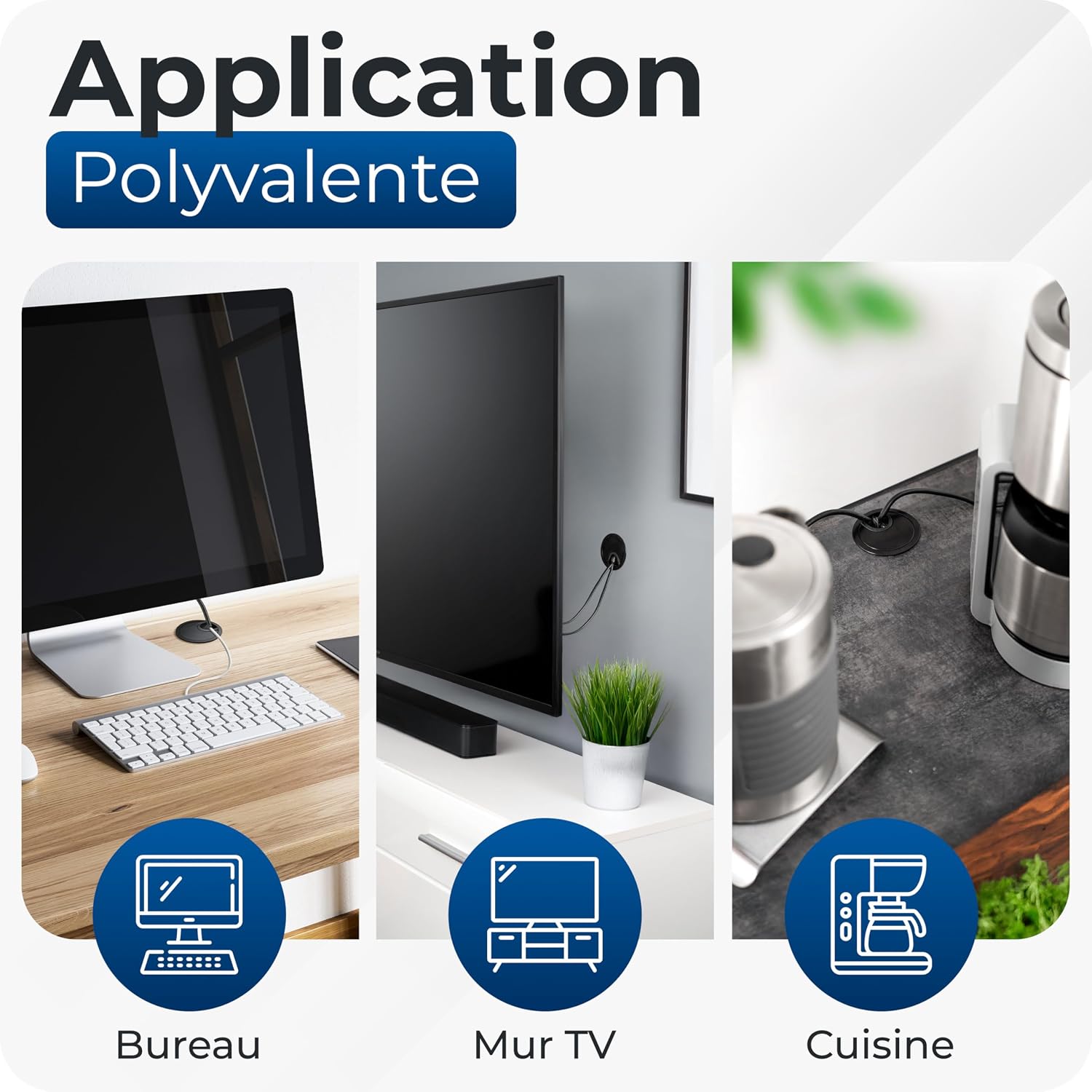 Detalle de BRUCE – Lot de 2 œillets de câble en métal Ø60 mm pour bureau, 2 passages