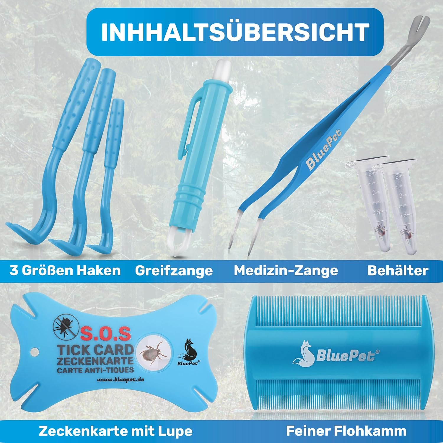 Detalle de BluePet 10er Set Zeckenentferner mit Tasche – Zeckenzange, Zeckenhebel, Zeckenpinzette und Zeckenkarte für Hund, Katze, Pferd & Mensch