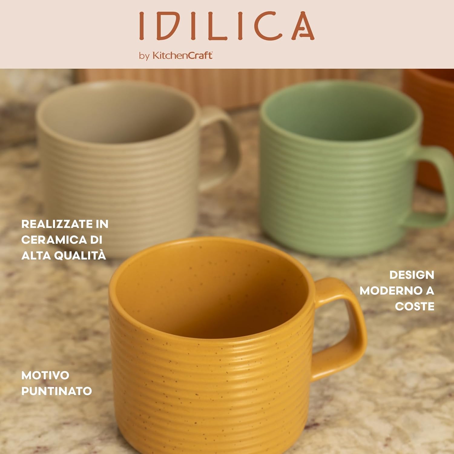 Detalle de KitchenCraft Idilica: set di 4 tazze impilabili in gres, multicolore, 400 ml