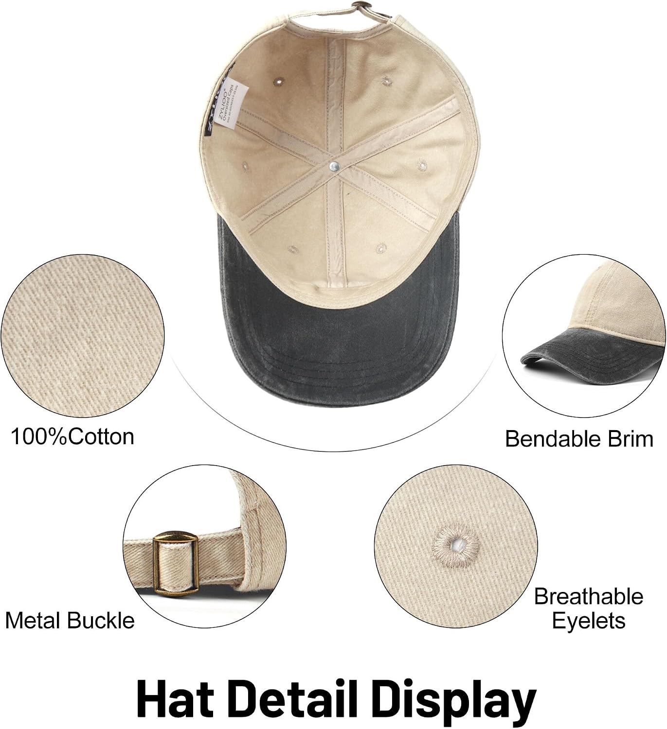 Detalle de Zylioo XL/XXL Washed Cotton Baseball Cap (Big Heads) with Adjustable Back Closure