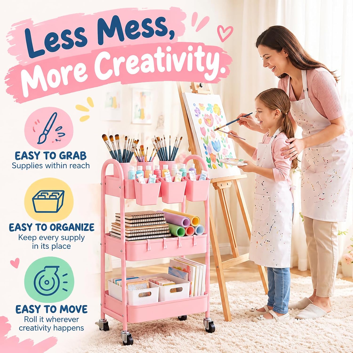 Detalle 2 de Recximi Utility Carts Pink 3-Tier Metal Rolling Cart with Locking Wheels