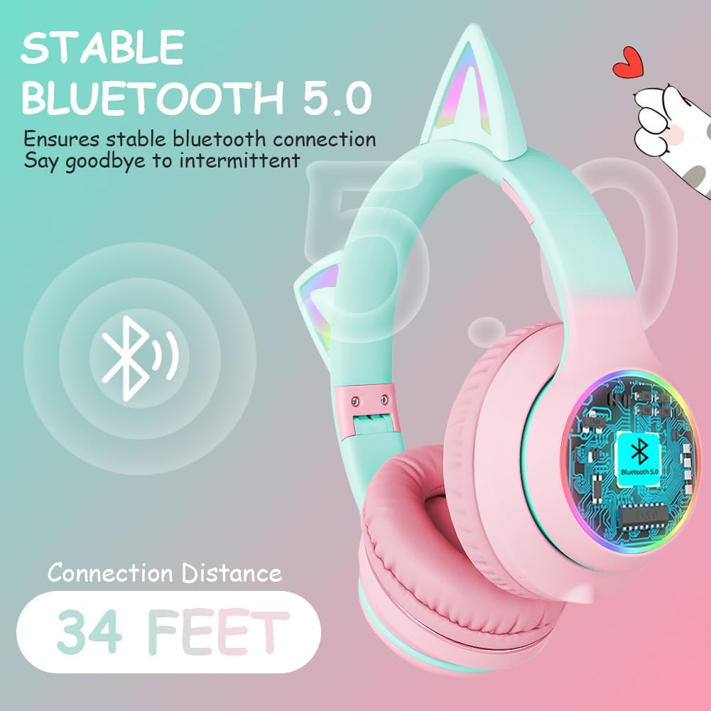 Detalle 2 de AXFEE Bluetooth-Kinder-Kopfhörer mit Katzenohren – kabelgebunden oder Bluetooth, 105 dB Schutz, LED-Beleuchtung, faltbar