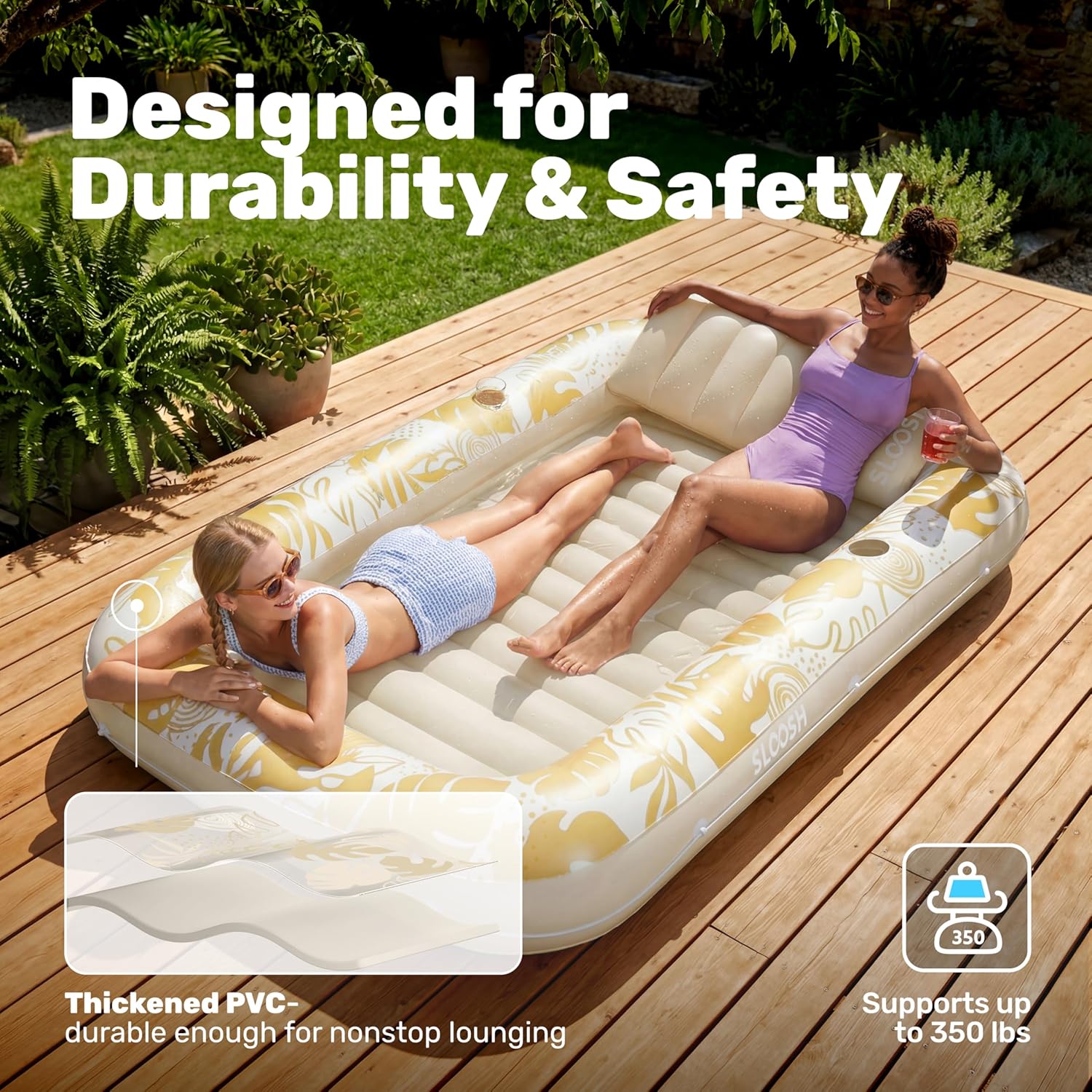 Detalle de SLOOSH Inflatable Tanning Pool Lounger Float (85" x 57" XL) – Golden White