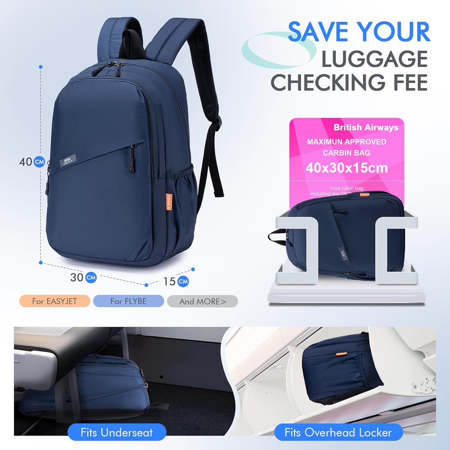 Detalle 2 de BAGZY 40x30x15cm Underseat Cabin Bag: Lightweight, Waterproof Under-Seat Luggage