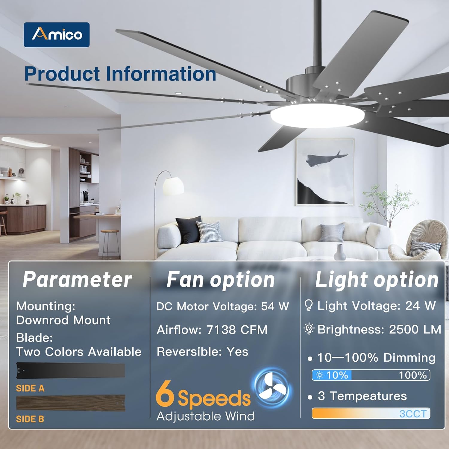 Thumbnail 2 de 72 inch Amico Ceiling Fan with Light