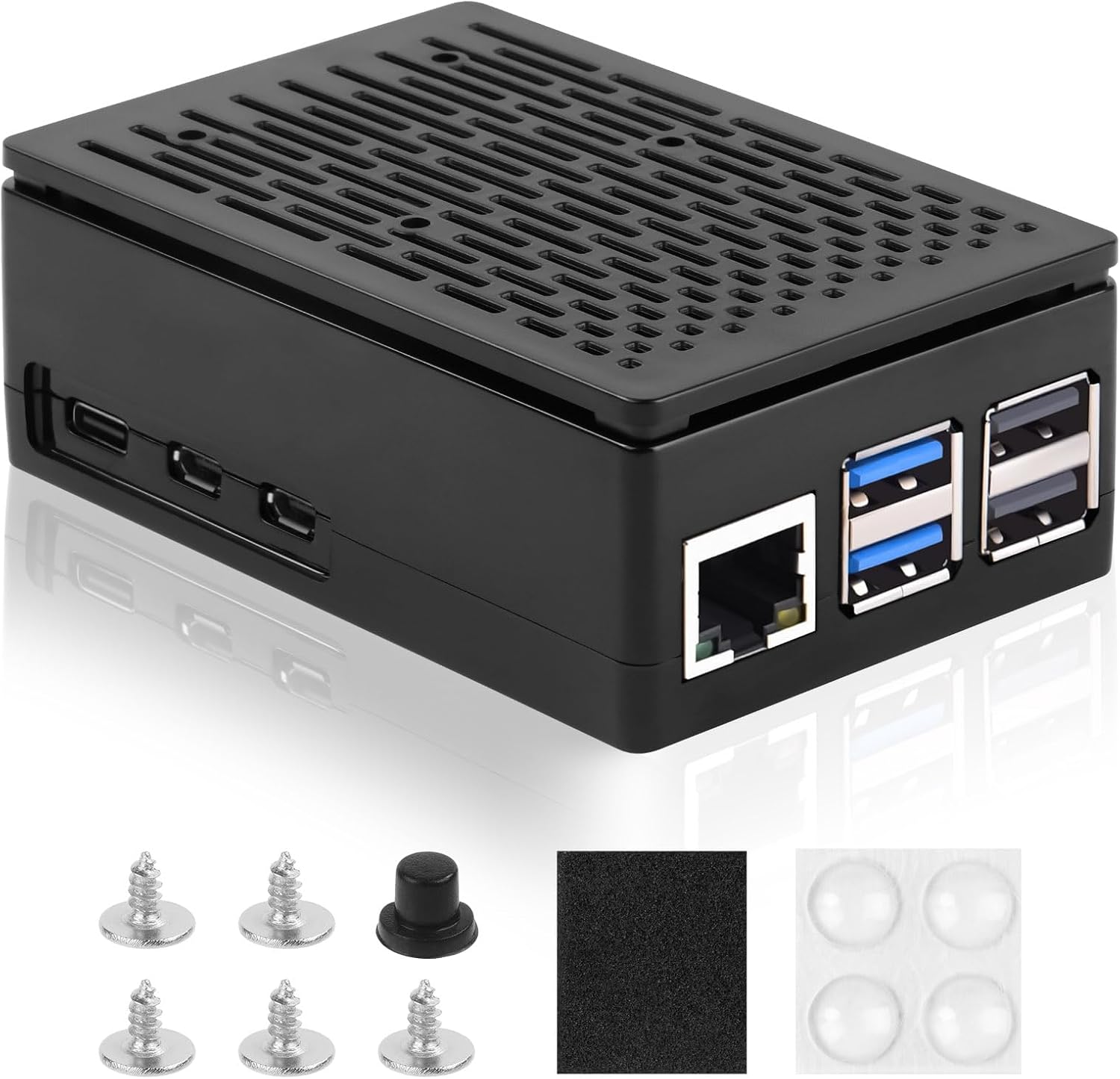 Detalle de Aolso Raspberry Pi 5-chassi i ABS med perforerad kylning och åtkomst till portar