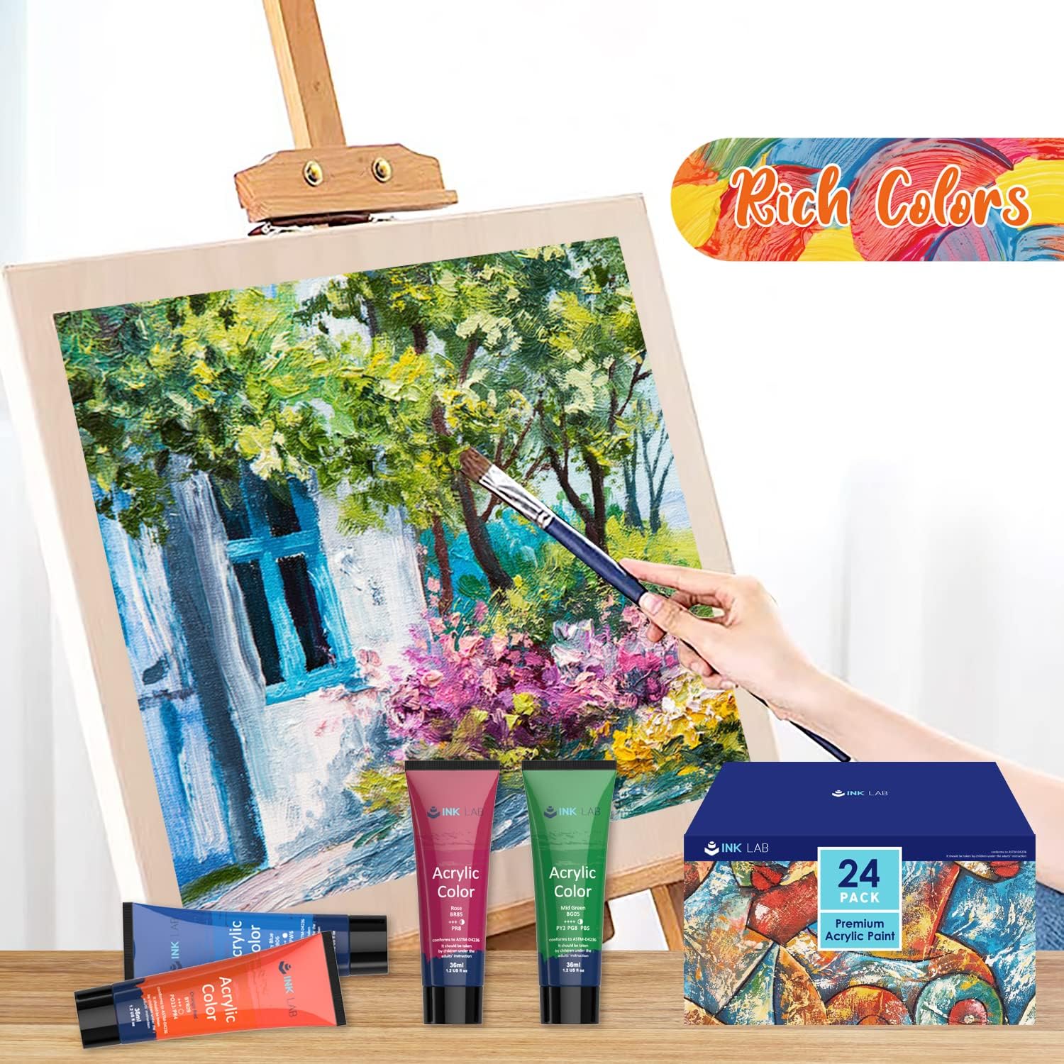 Detalle de Peinture Acrylique 24 Tubes 36ml – Ensemble polyvalent, non toxique et riche en pigments