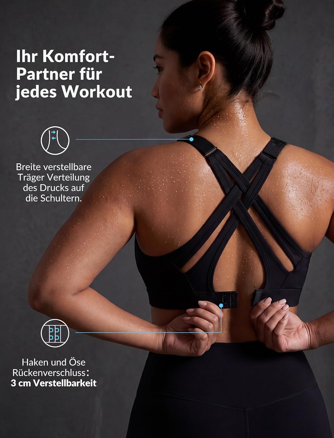Detalle de Yvette Sport BH Starker Halt Verstellbare Träger Gekreuzt Rücken Große Größen – Fitness, Lauf & Yoga