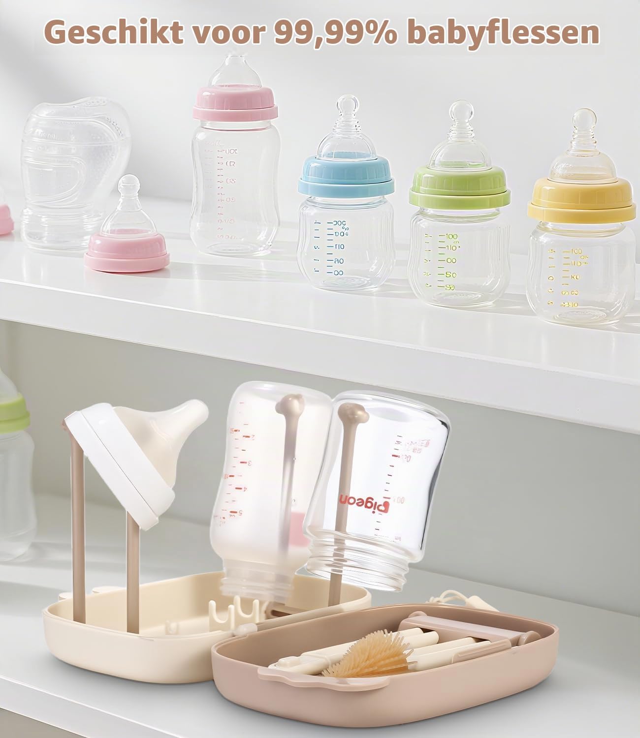 Detalle de Yoxovo 7-in-1 babyflesborstelset met siliconenborstel, speenborstel en droogrek