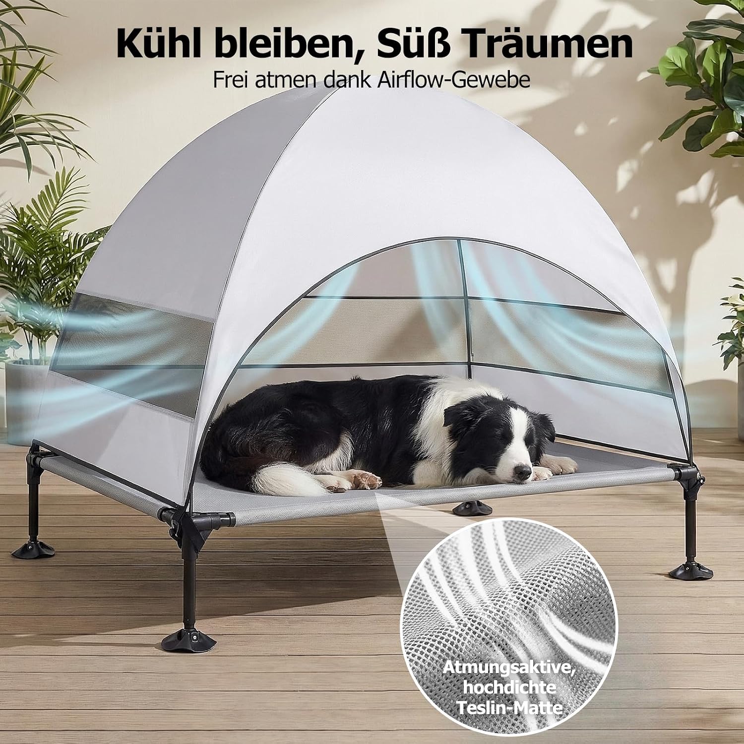 Thumbnail 4 de Erhöhtes Hundebett Outdoor mit UV-beständigem Dach – Klappbar, Anti‑Rutsch‑Füße, Hundezelt Grau (L)