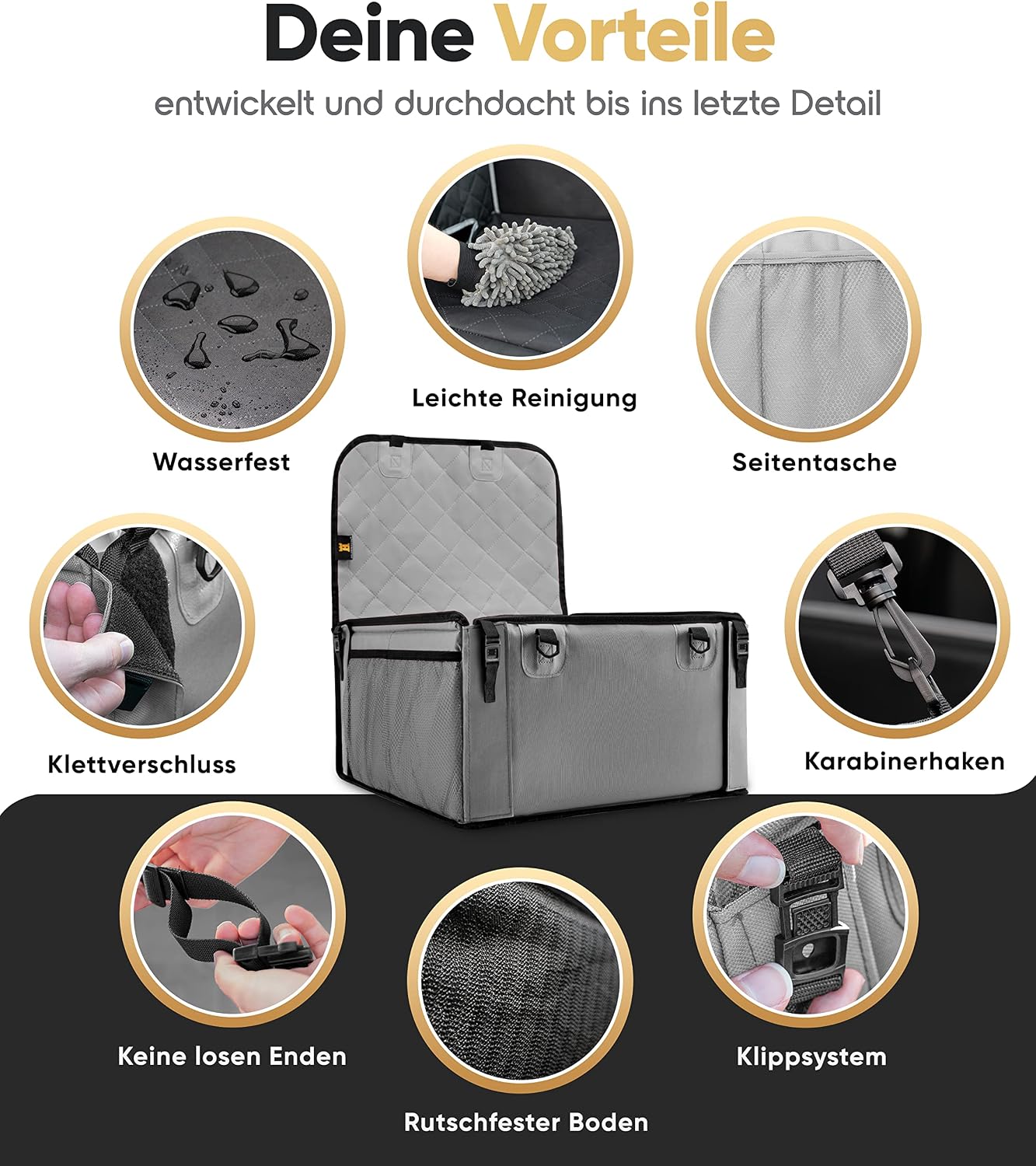 Thumbnail 1 de HELDENWERK Extra Stabiler Hunde Autositz mit verstärkten Wänden – 5 Gurte, wasserdicht, grau (Standardgröße)