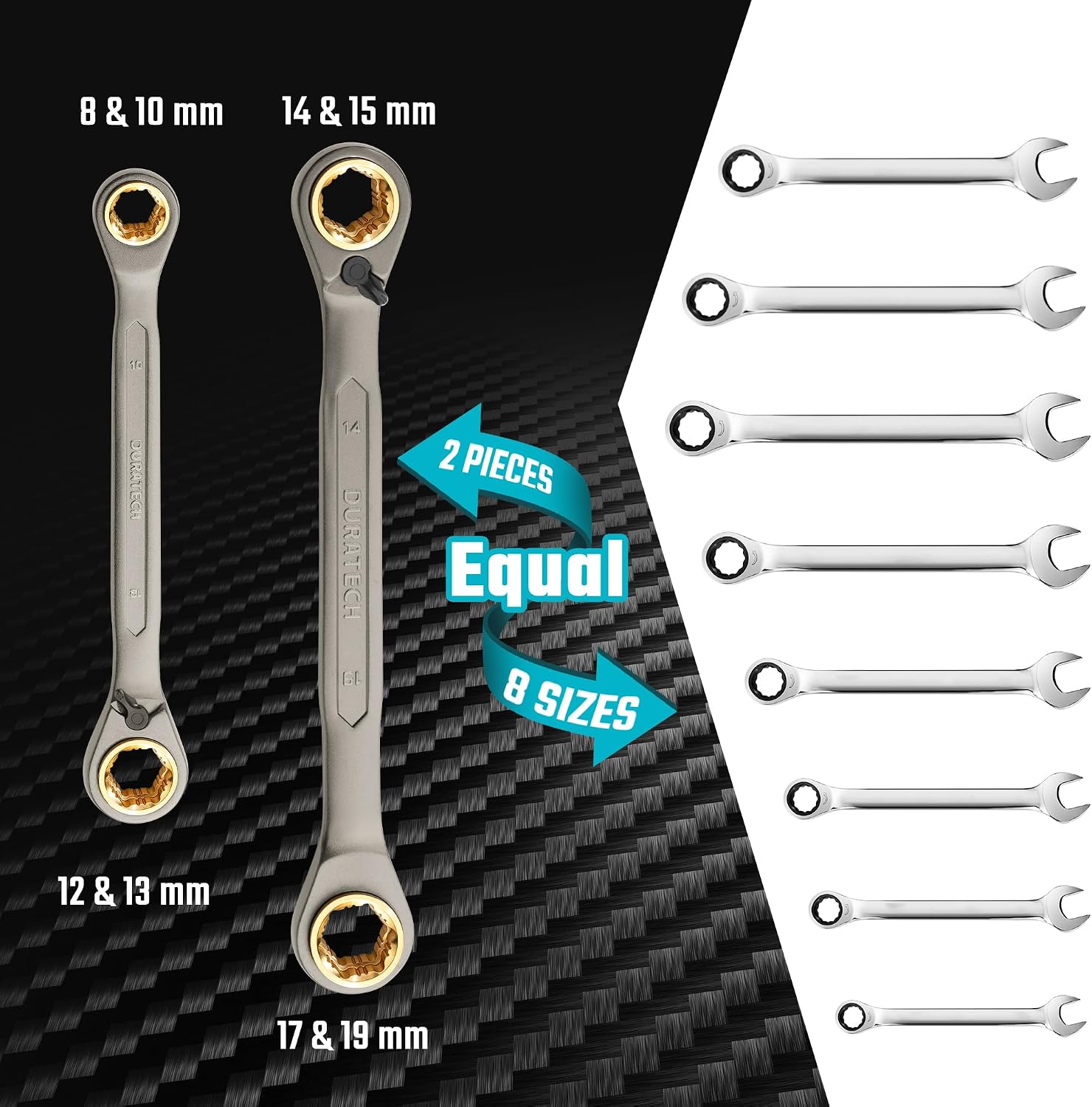 Detalle de DURATECH 4-in-1 Reversible Ratchet Spanner Set, 8–19 mm, 72-Tooth, 2-Piece