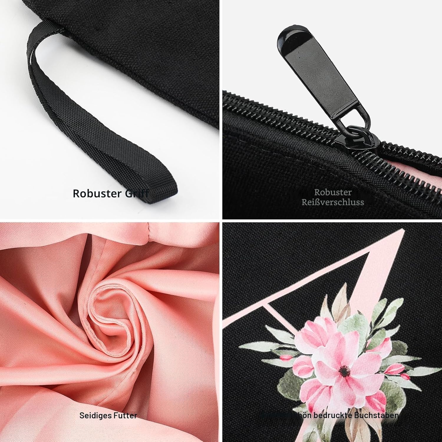 Detalle de Vavabox A-Z personalisierte Kosmetiktasche – Geschenkidee für Frauen, Mütter, beste Freundinnen und Brautjungfern (P, Schwarz)
