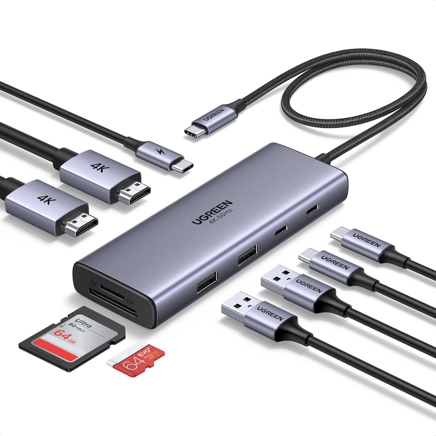 Detalle de UGREEN Revodok USB C Hub: Dual HDMI, SD/TF-Kartenleser und 100 W PD – kompakt, flexibel und zuverlässig