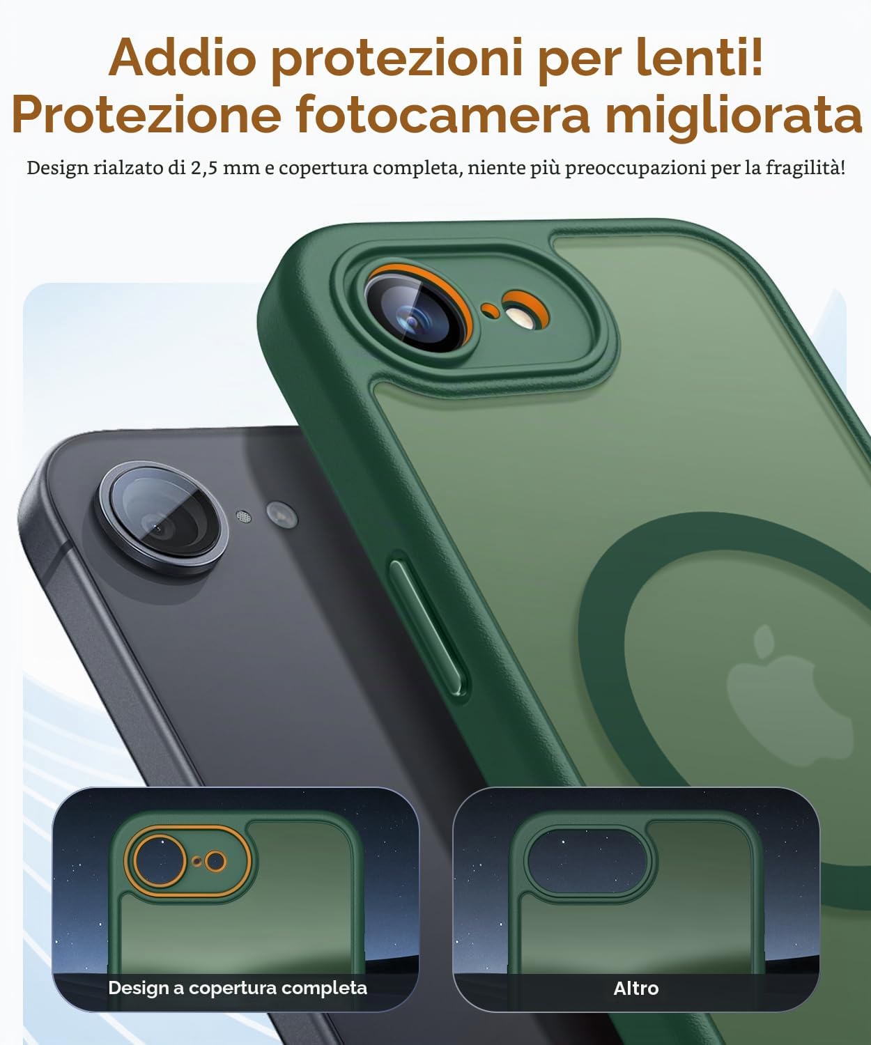 Detalle de CANSHN Magnetica Cover per iPhone 16e / 17e (6.1") – Protezione completa della fotocamera, design opaco traslucido verde profondo