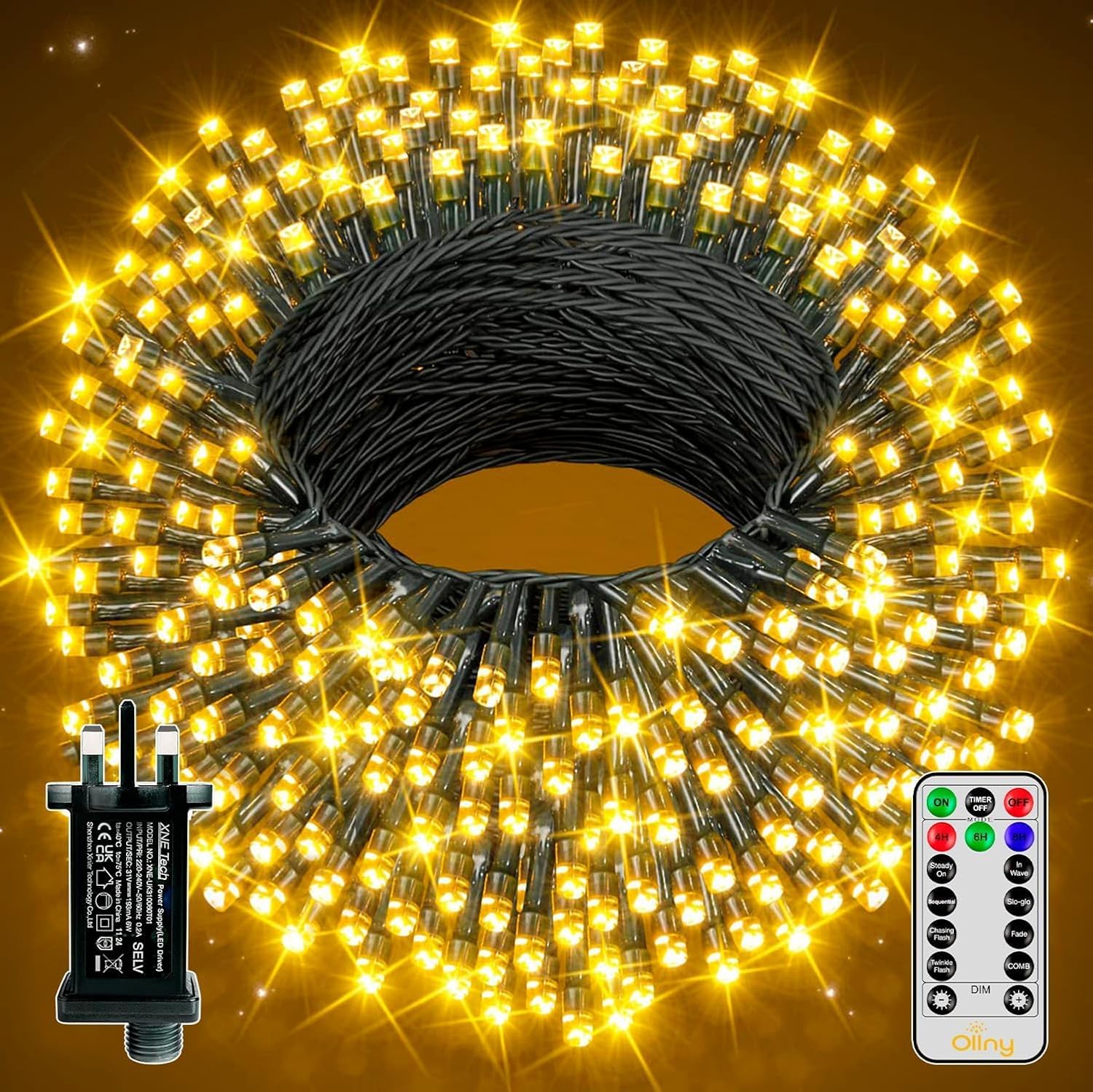 Detalle de Ollny 100m 1000 LED Long Fairy Lights – Mains Powered, IP44 Outdoor String Lights