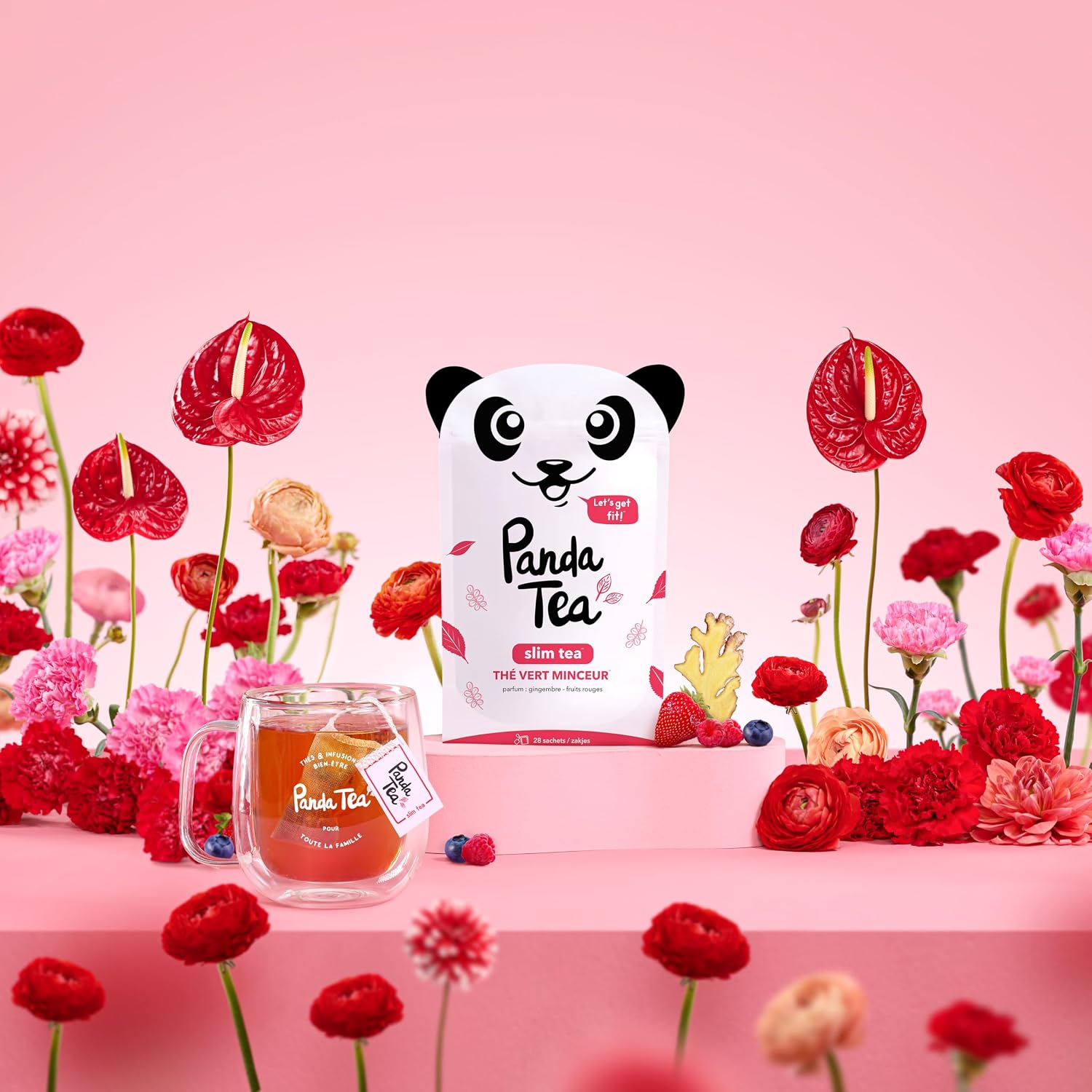 Detalle 2 de Panda Tea - Slim Tea Framboise Gingembre : thé vert bio detox & perte de poids en 28 sachets