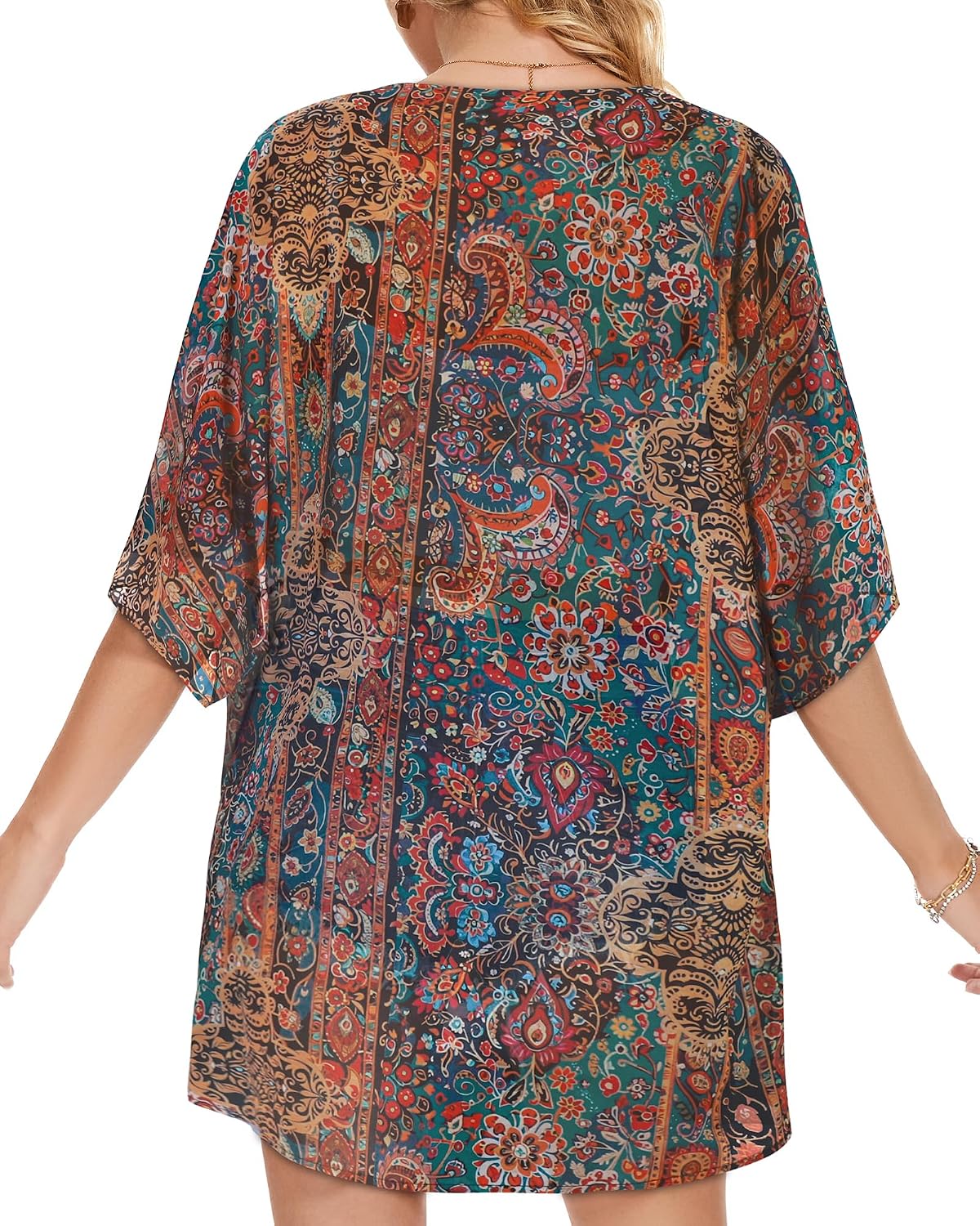 Detalle 1 de CHICALLURE Floral Chiffon Kimono Cardigan, Sheer Open-Front Beach Cover-Up