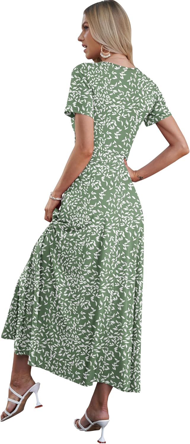 Detalle de Robe Longue Femme AUSELILY – Col en V, manches courtes, taille haute, poches