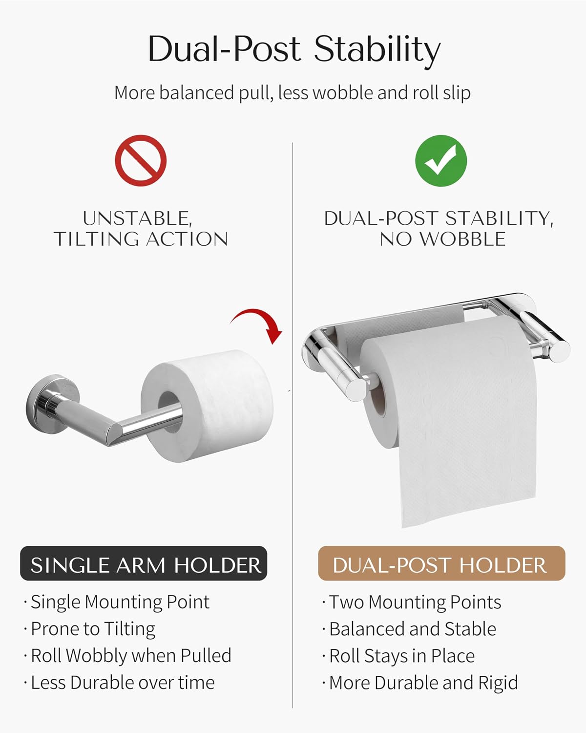Detalle 2 de WZRUA self-adhesive double-post pivoting toilet roll holder (chrome stainless steel, no drilling)