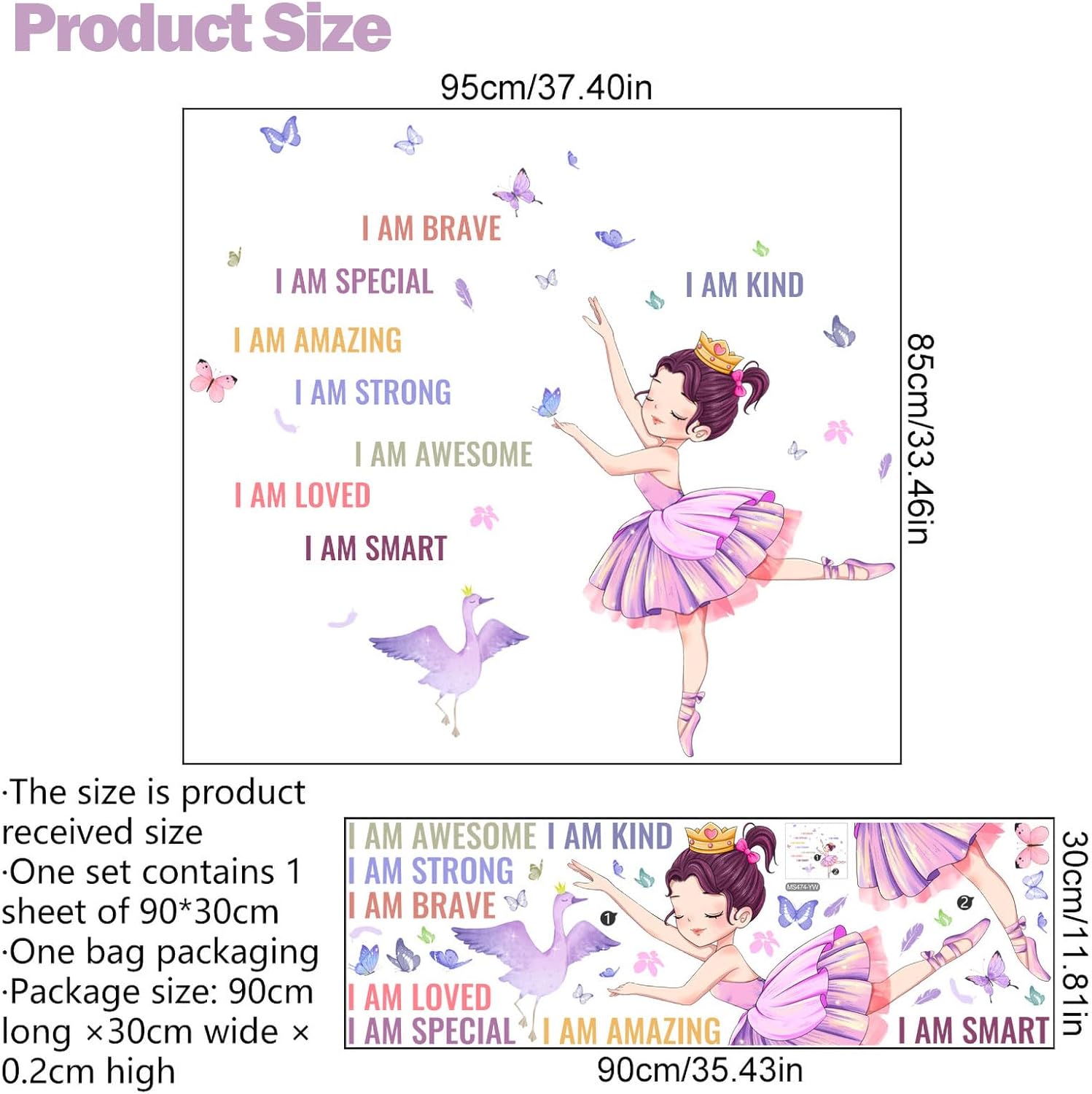 Thumbnail 1 de Butterfly Fairy wall stickers: ballet girls, princess swan & self-motivational words (removable vinyl)