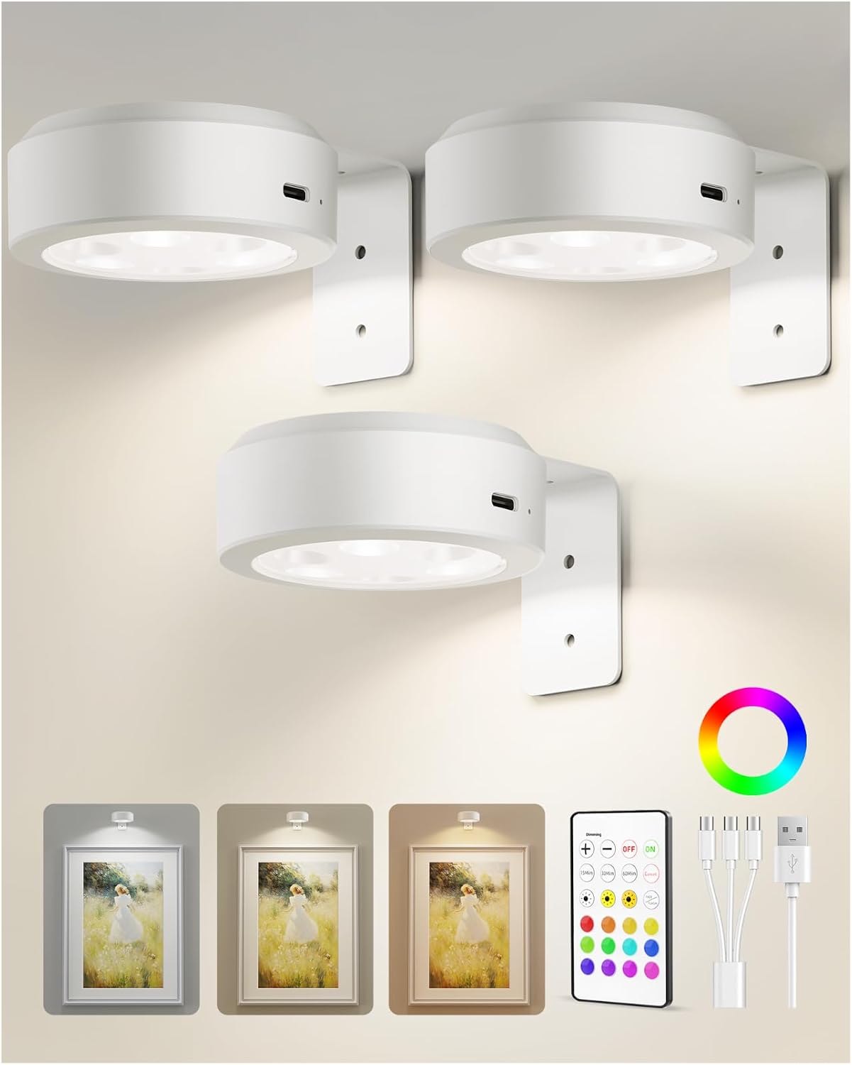 Detalle de EZVALO Picture Lights for Wall (3 Pack) – 2000mAh Rechargeable, 3 Color Temps & 12 RGB with Remote