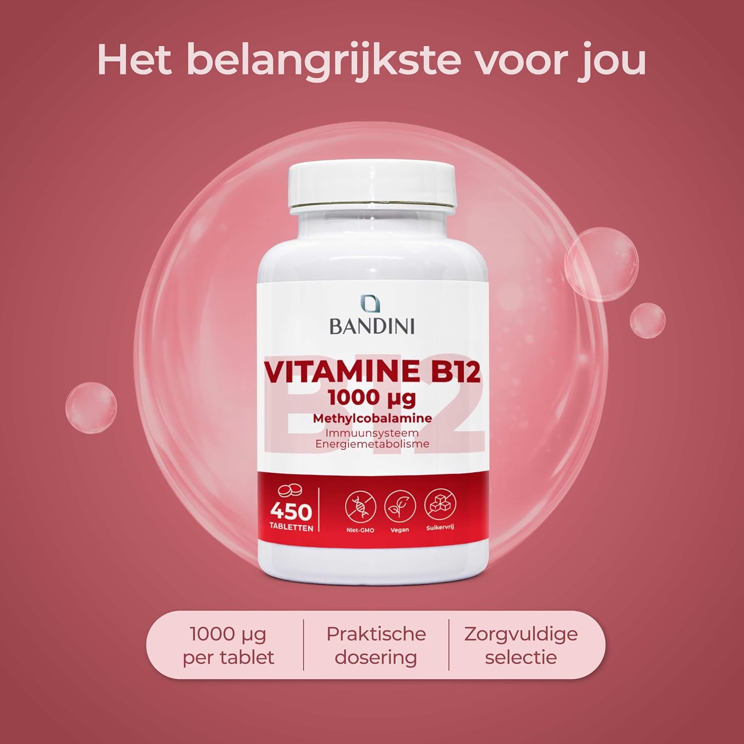 Detalle de BANDINI Vitamine B12, 450 veganistische tabletten met 1.000 µg methylcobalamine