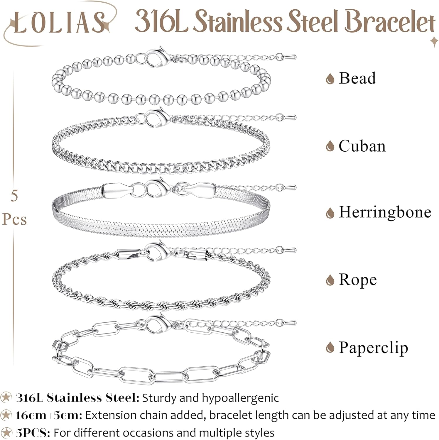 Thumbnail 5 de LOLIAS 5-piece chain bracelet set for women (gold & silver, stainless steel, stacking style)