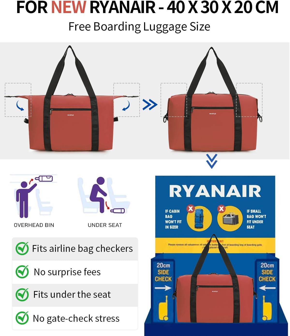 Thumbnail 1 de ECOHUB for Ryanair Cabin Bags 40x30x20 (2-Pack) Foldable Underseat Holdall – 24L, Water-Resistant, Recycled Fabric