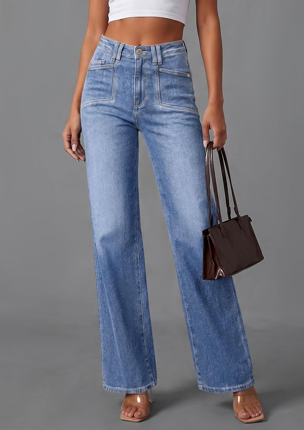 Thumbnail 1 de PRETTYGARDEN High-Waisted Wide-Leg Jeans for Women, Stretch Denim with Pockets
