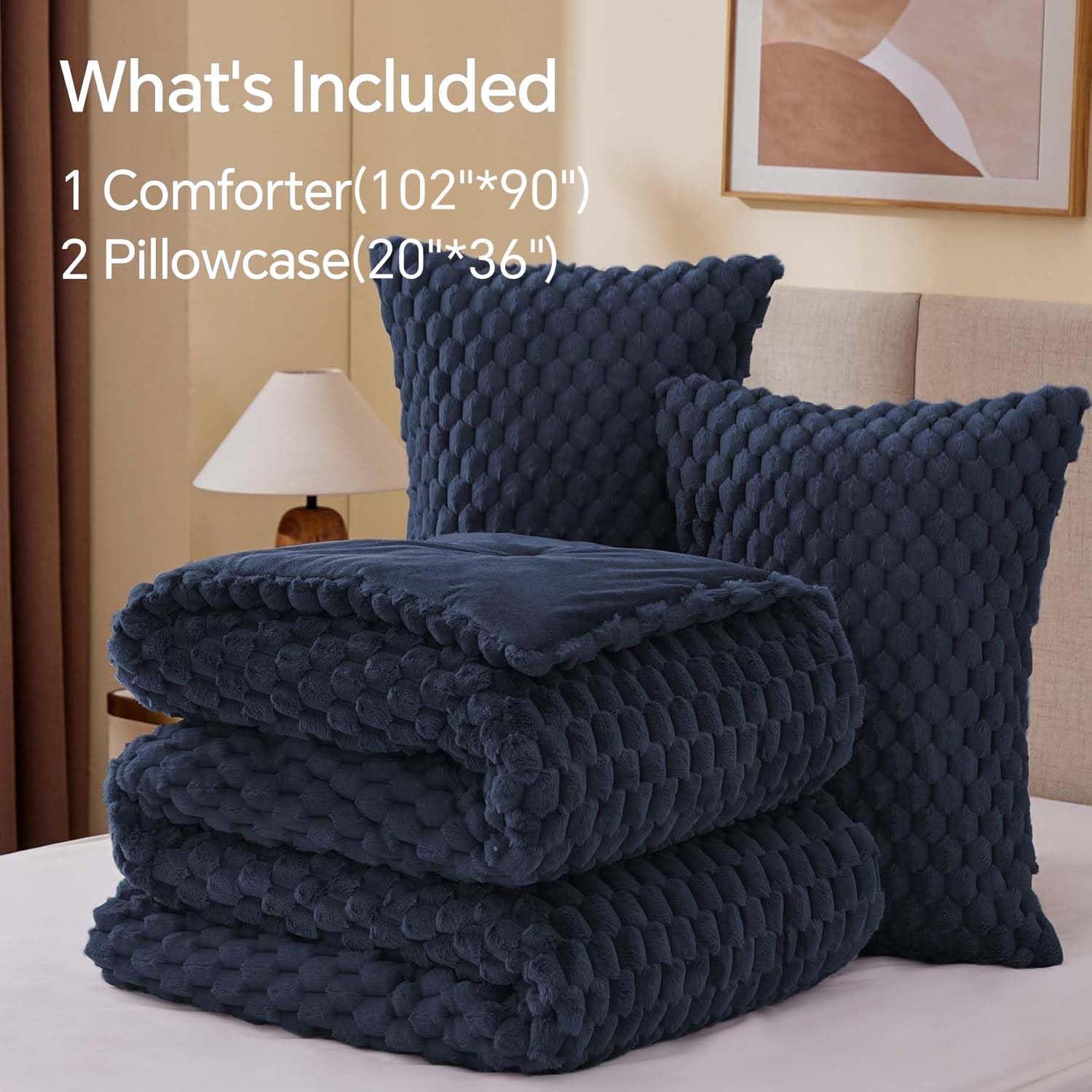 Thumbnail 4 de BEDELITE Fluffy King Size Comforter Set, Navy Blue Fleece, 3 Pieces