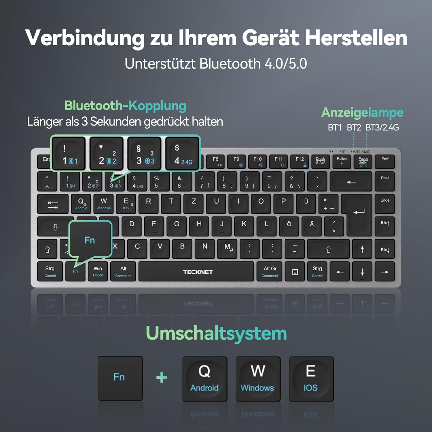 Detalle 2 de TECKNET KB006: Kabellose Tastatur mit 4 Modi (BT + 2,4G) – Deutsches Layout
