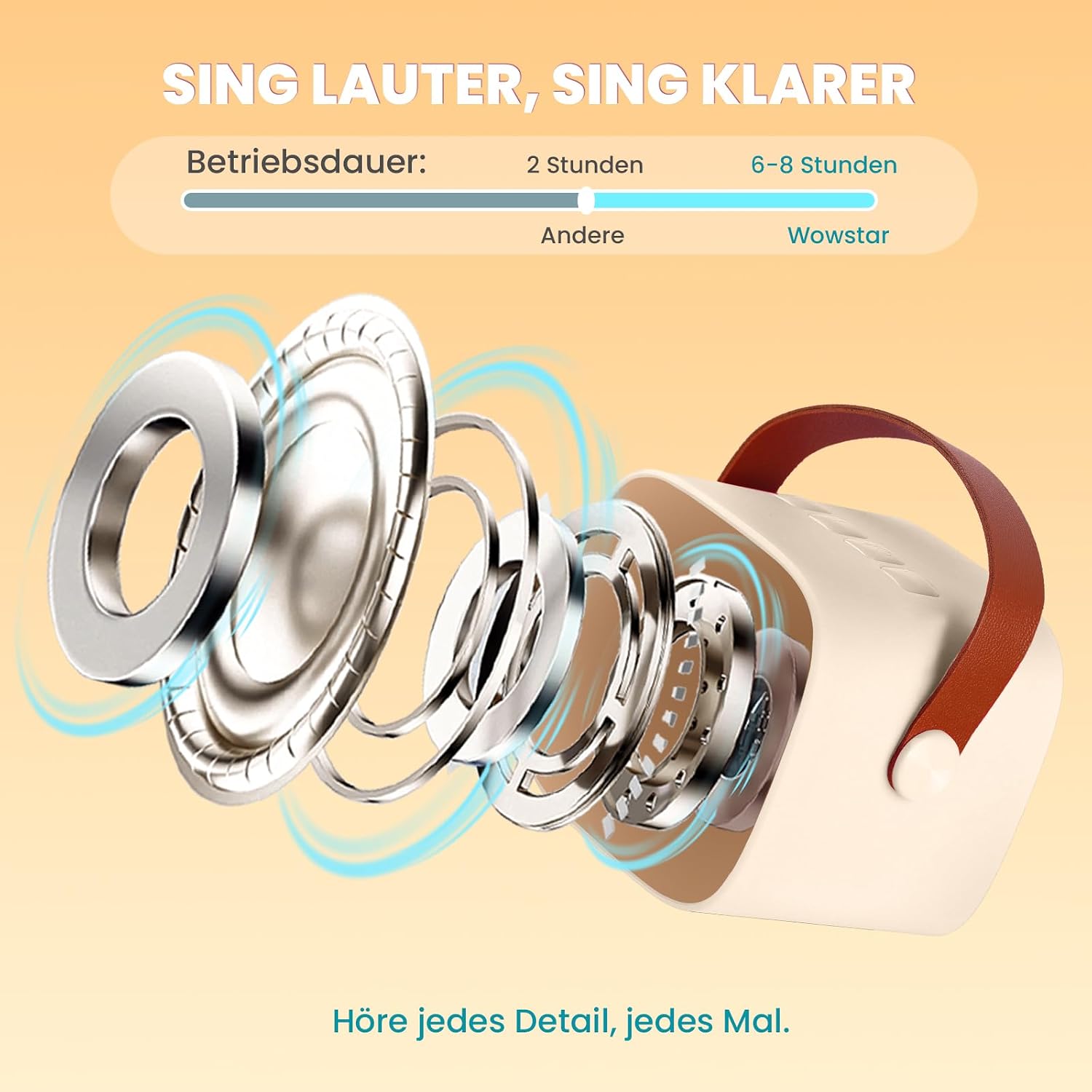 Detalle 2 de Wowstar tragbare Karaoke-Maschine mit 2 kabellosen Mikrofonen (Bluetooth, beige) – für Kinder & Erwachsene